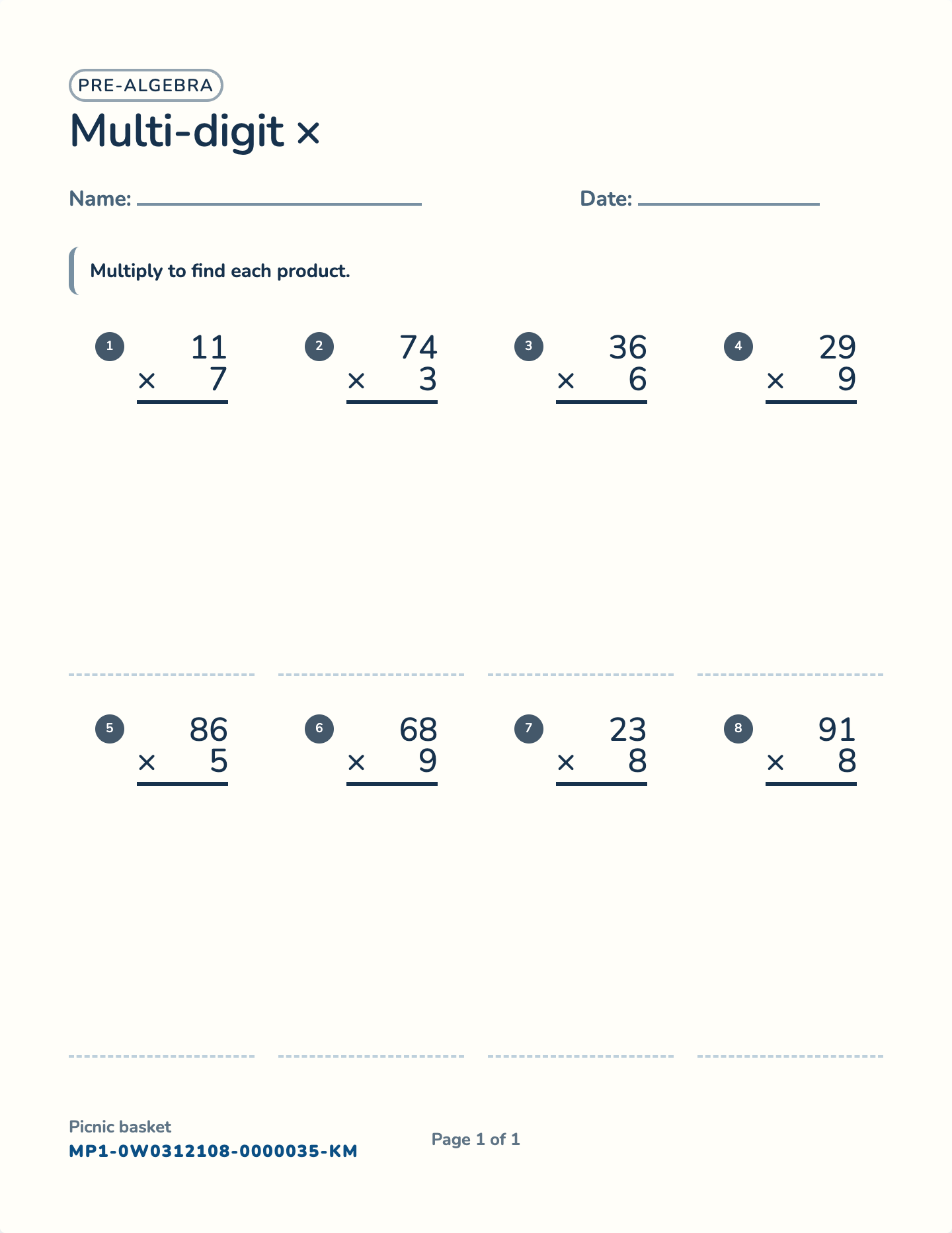 2-digit by 1-digit multiplication worksheet — 2-digit × 1-digit, free printable with answer key