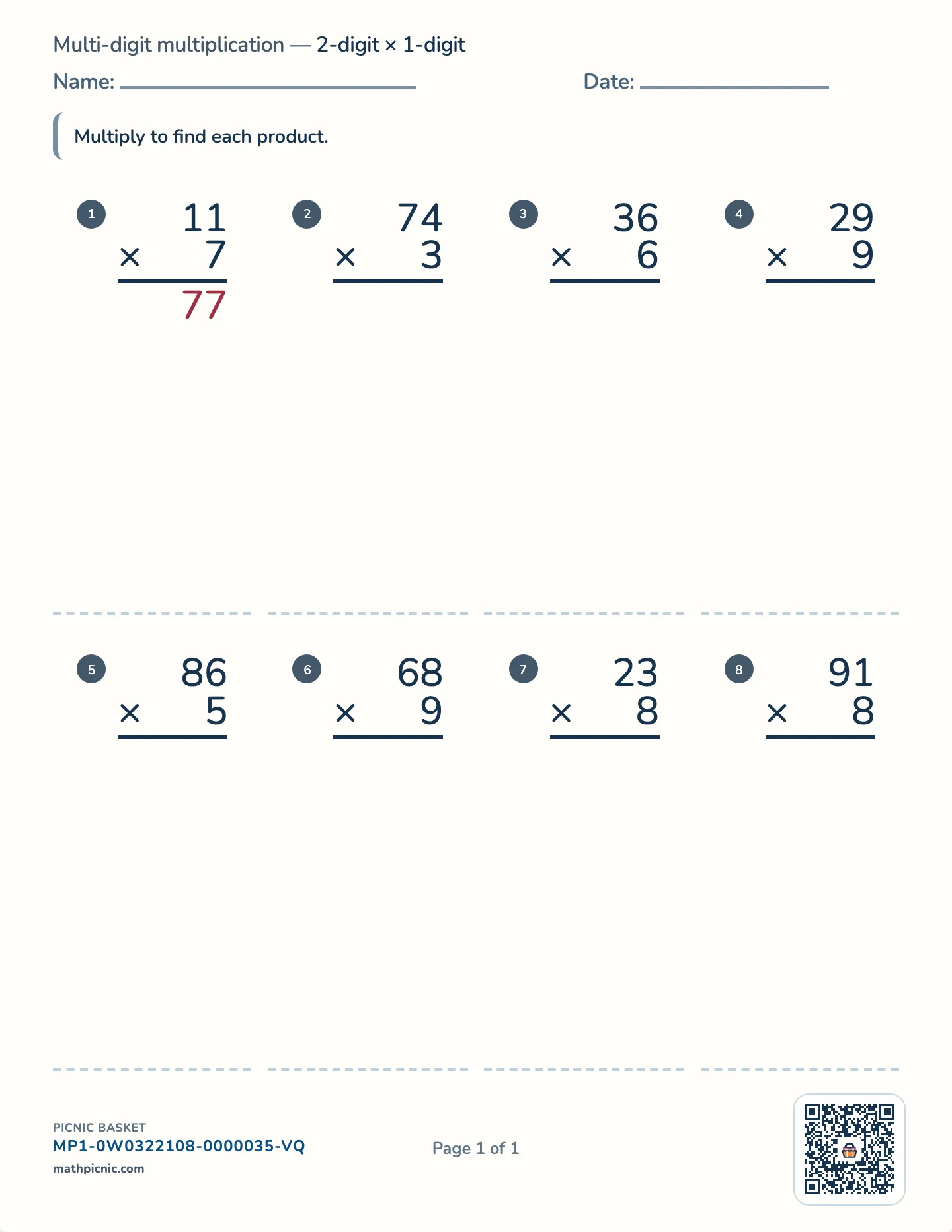 2-digit by 1-digit multiplication worksheet — free printable with answer key