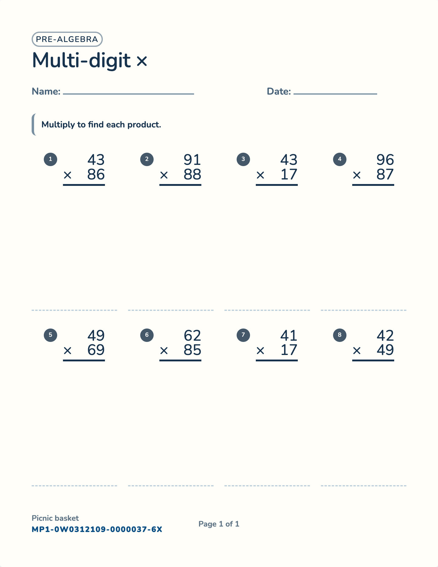 2-digit by 2-digit multiplication worksheet — 2-digit × 2-digit, free printable with answer key