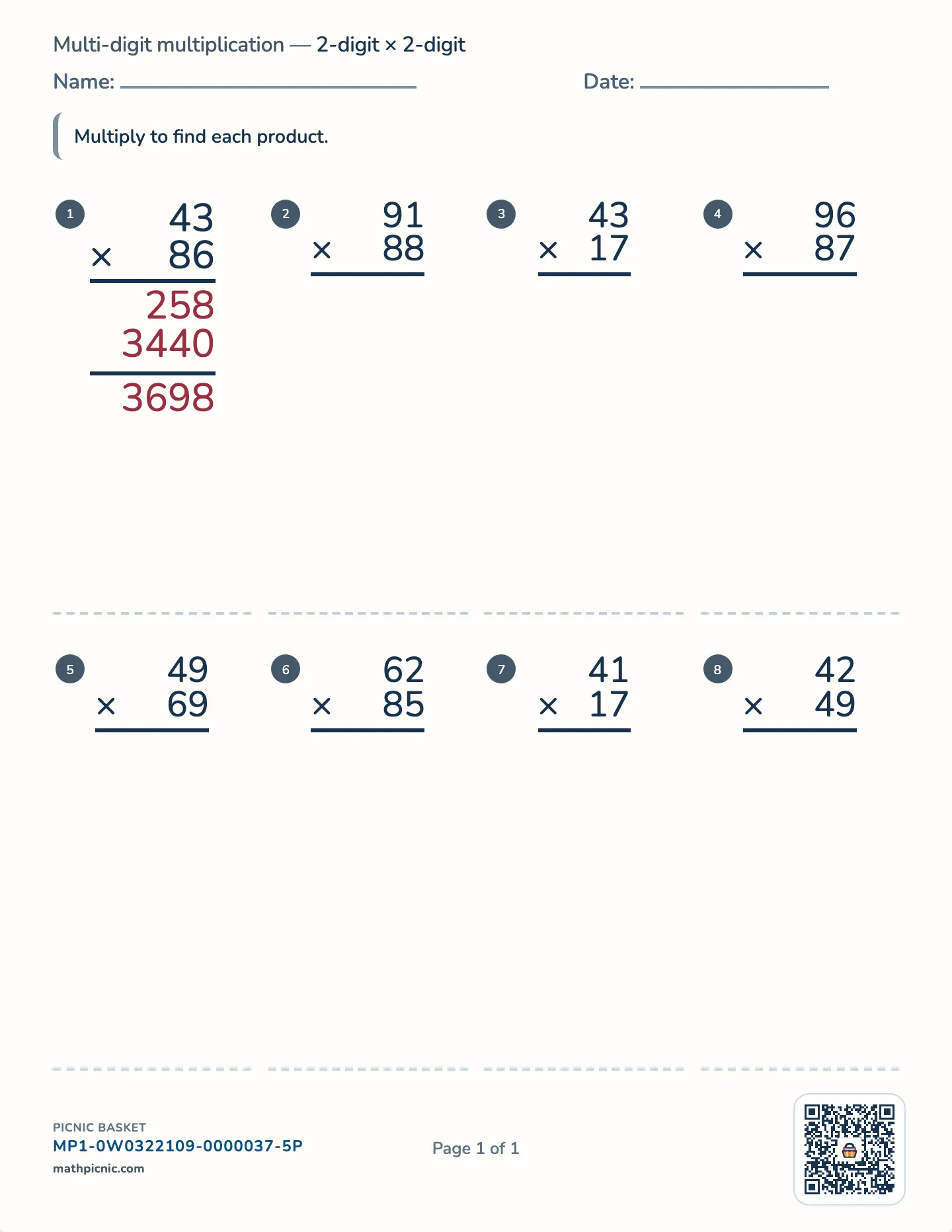 2-digit by 2-digit multiplication worksheet — free printable with answer key