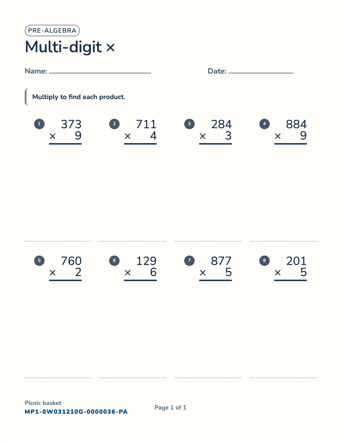 3-digit by 1-digit multiplication worksheet — 3-digit × 1-digit, free printable with answer key