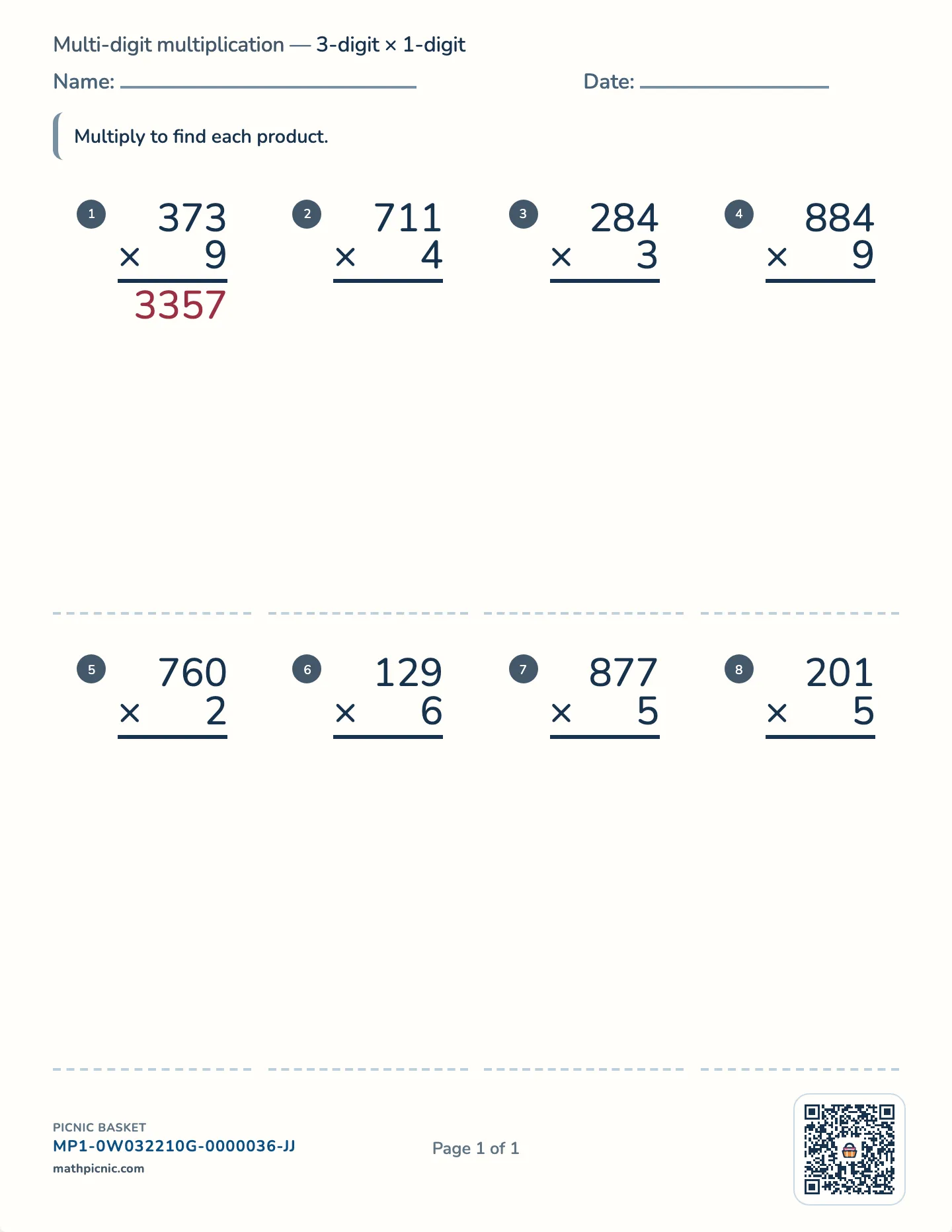 3-digit by 1-digit multiplication worksheet — 3-digit × 1-digit, free printable with answer key