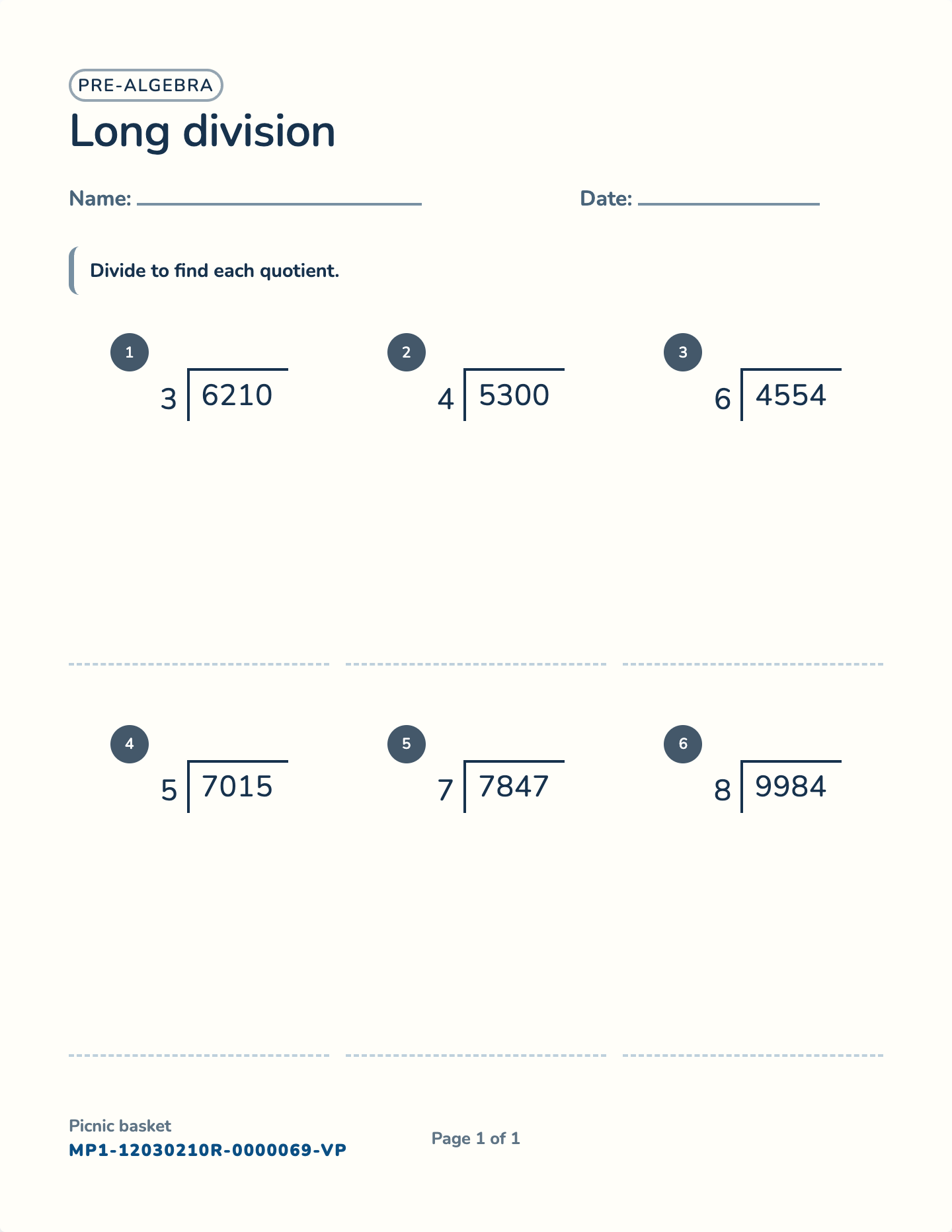 4-digit by 1-digit long division worksheet — 4-digit ÷ 1-digit, free printable with answer key
