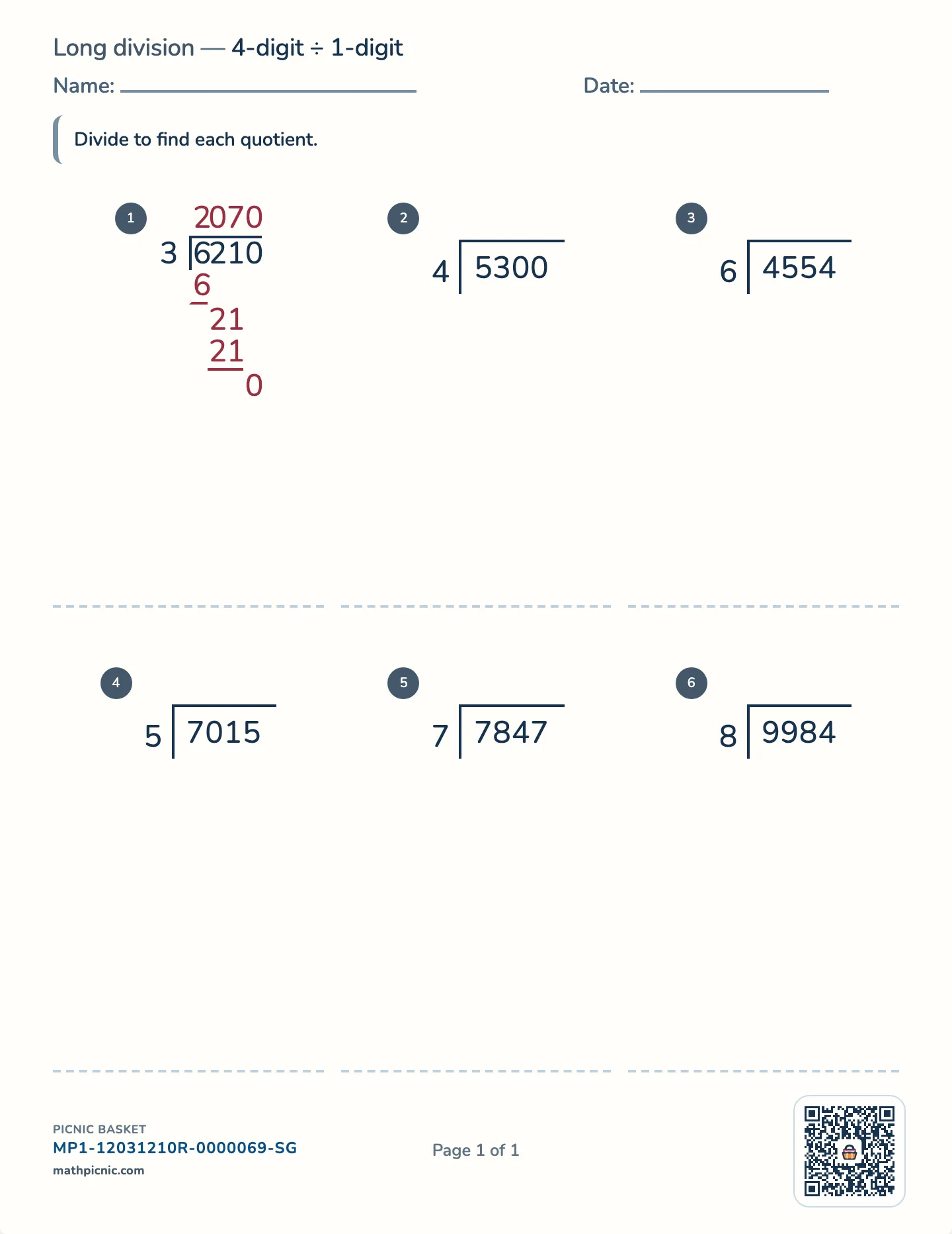 4-digit by 1-digit long division worksheet — 4-digit ÷ 1-digit, free printable with answer key