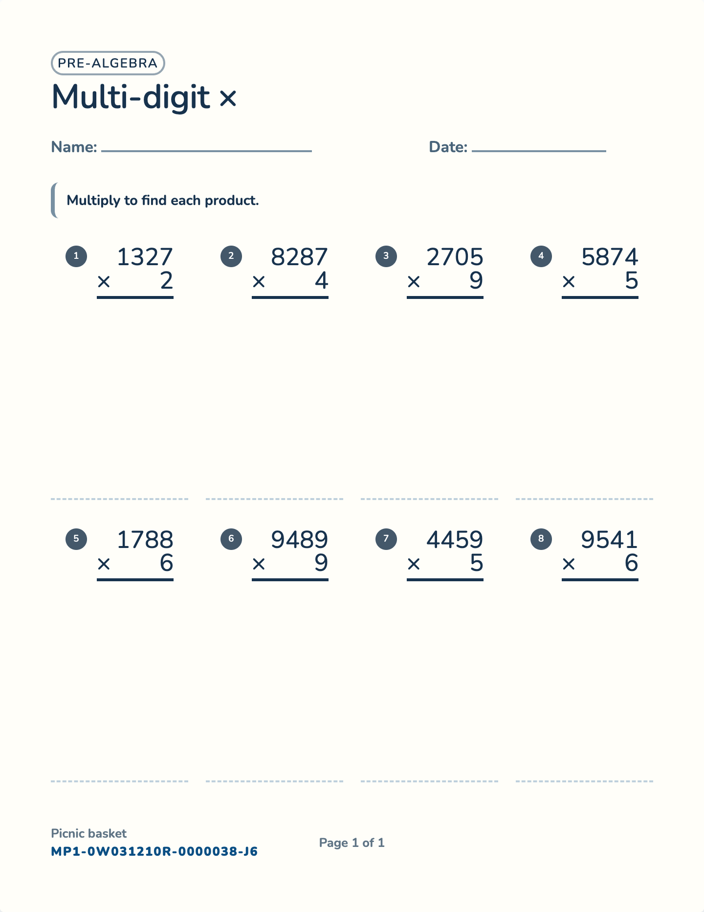 4-digit by 1-digit multiplication worksheet — 4-digit × 1-digit, free printable with answer key