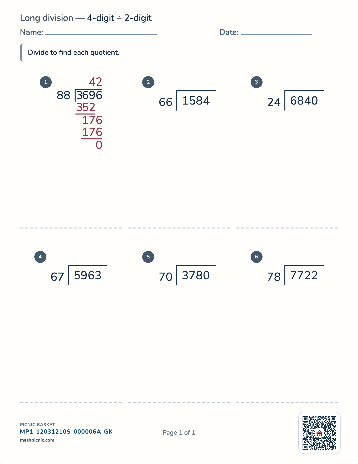 4-digit by 2-digit long division worksheet — free printable with answer key