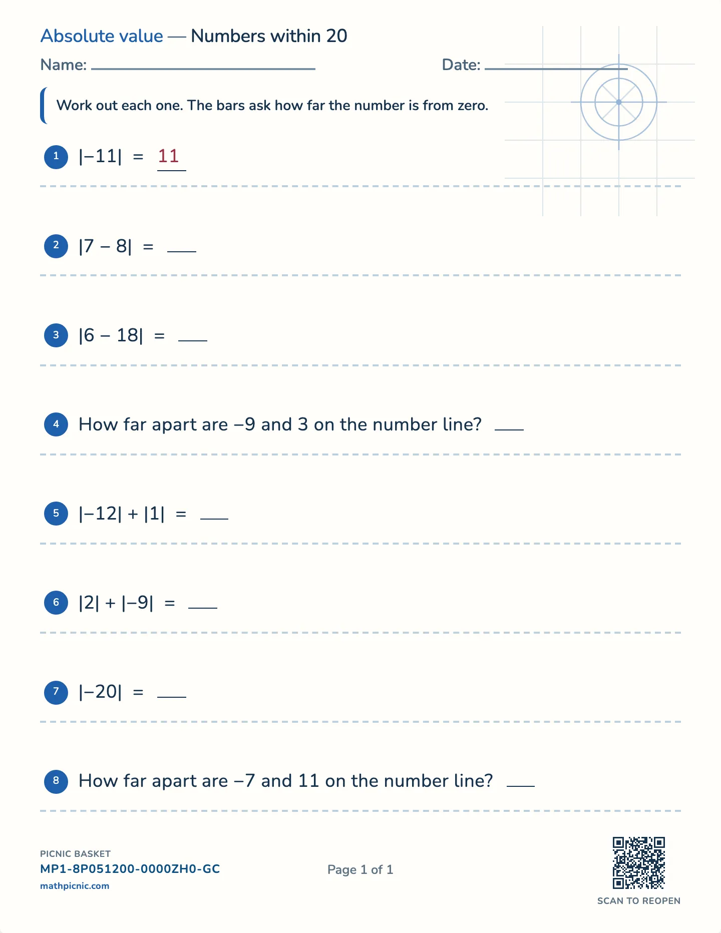 Absolute value worksheet — Values to 20, free printable with answer key