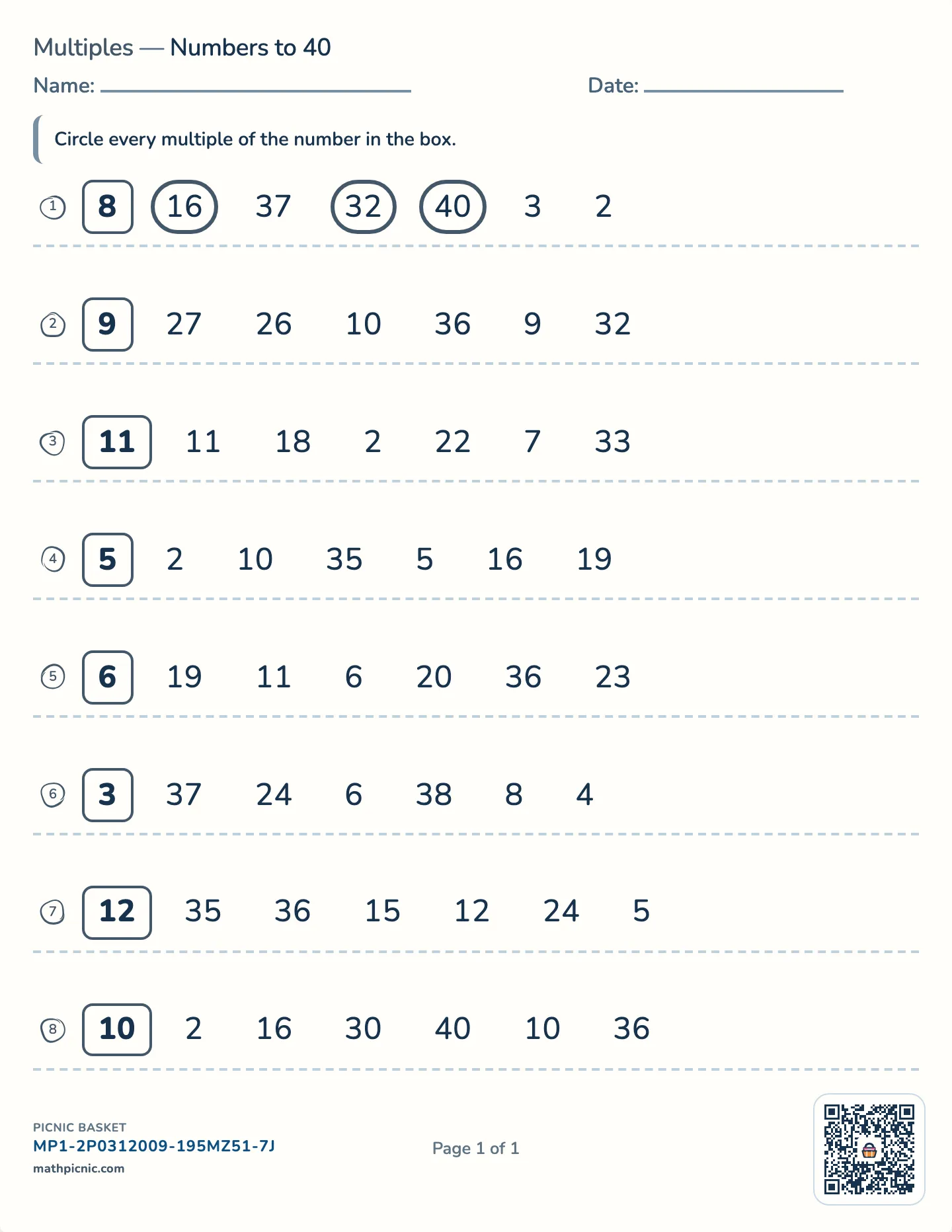 Circle the multiples worksheet — Numbers to 40, free printable with answer key