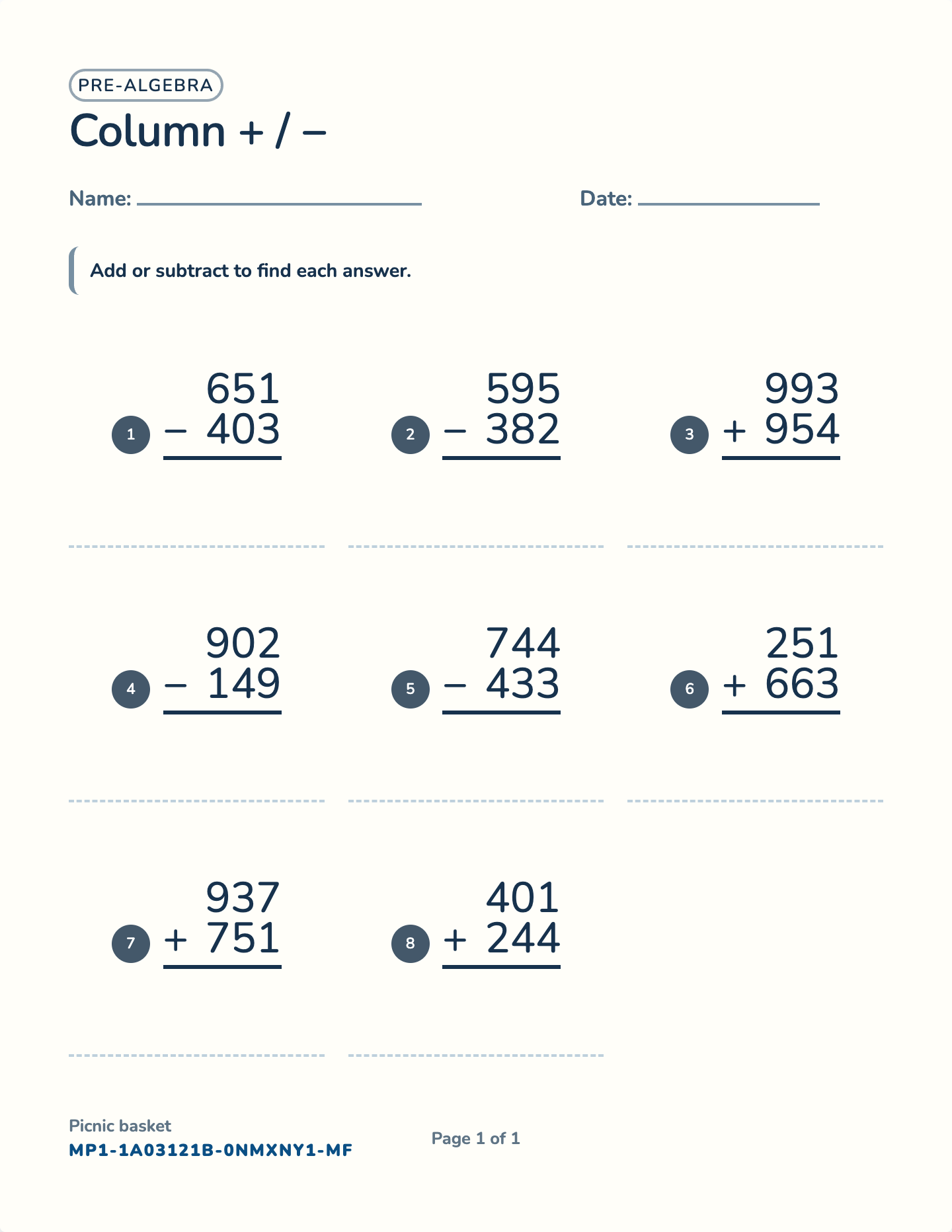 Column addition & subtraction worksheet — 2–4 digits, regrouping, free printable with answer key