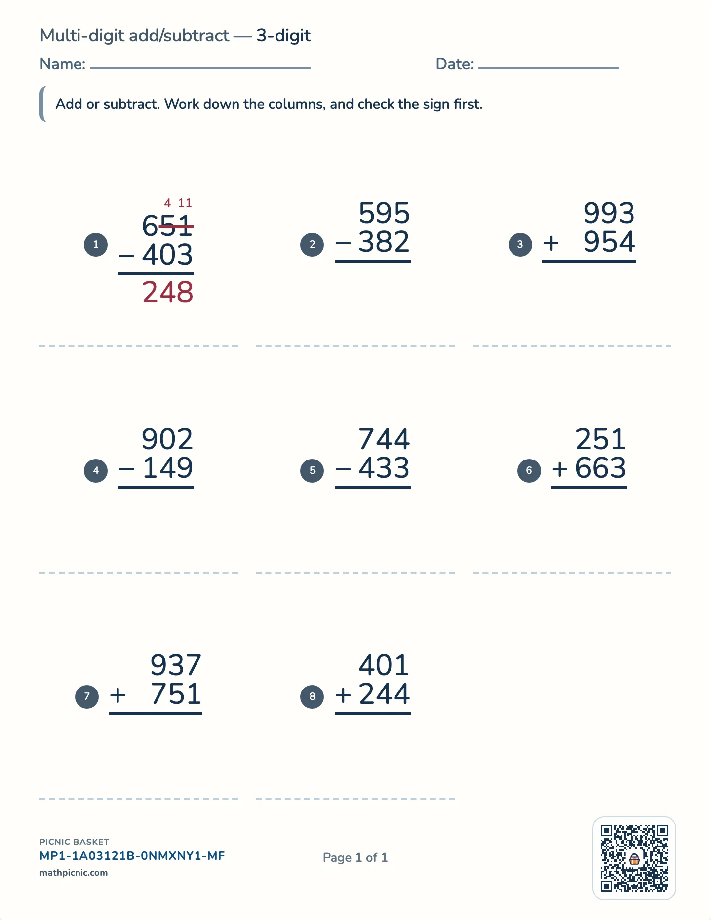 Column addition & subtraction worksheet — 2–4 digits, regrouping, free printable with answer key