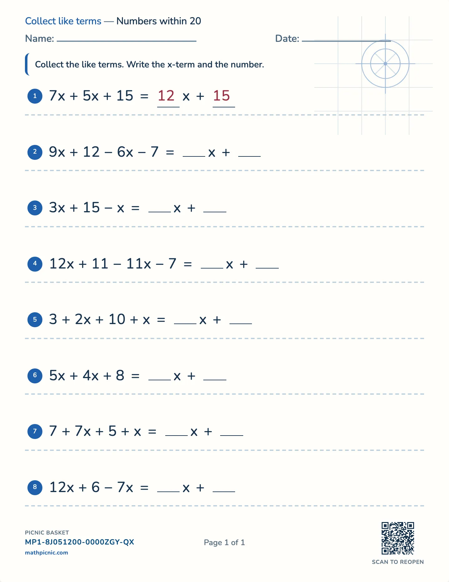 Combining like terms worksheet — One variable, two blanks, free printable with answer key