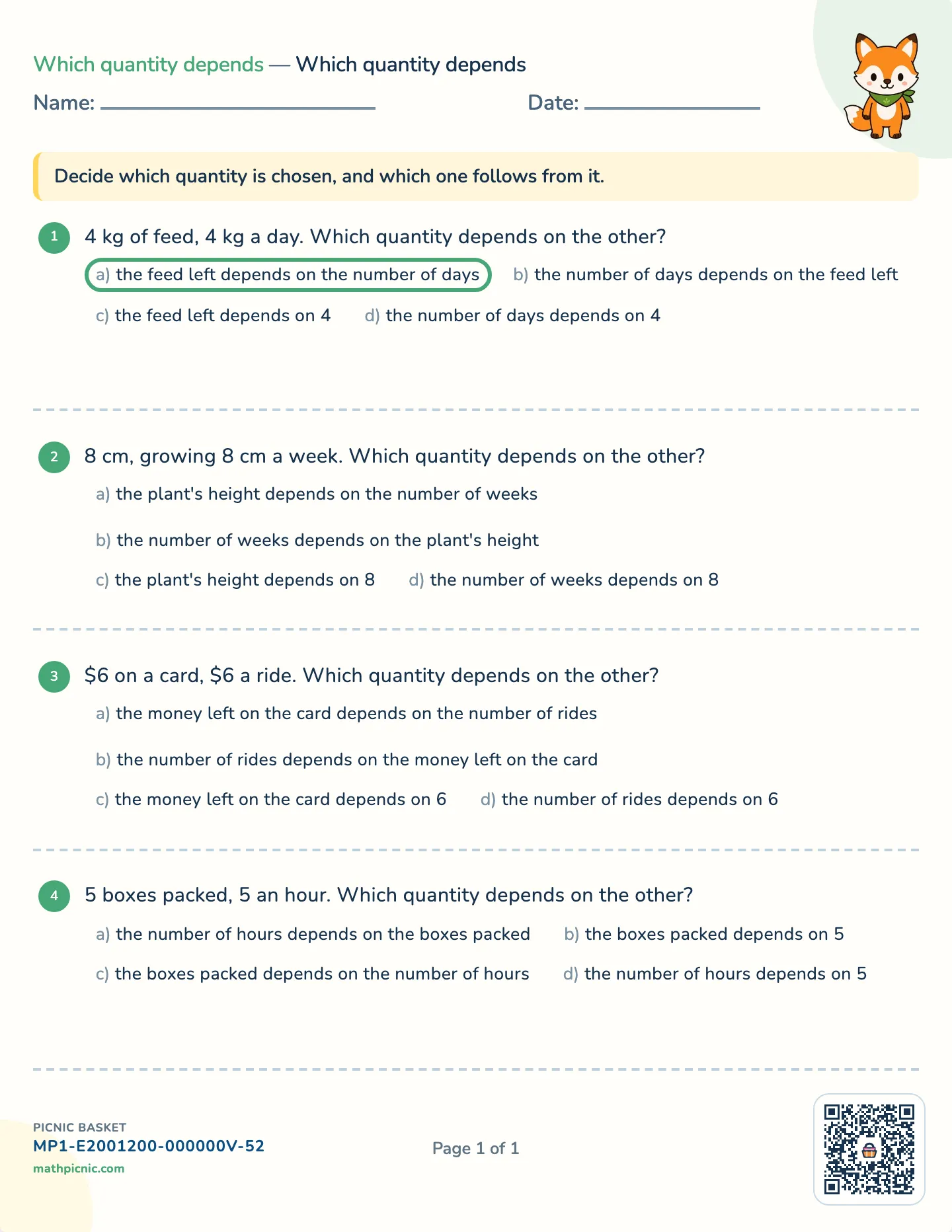 Dependent and independent variables worksheet — Which follows from which, and its rule, free printable with answer key