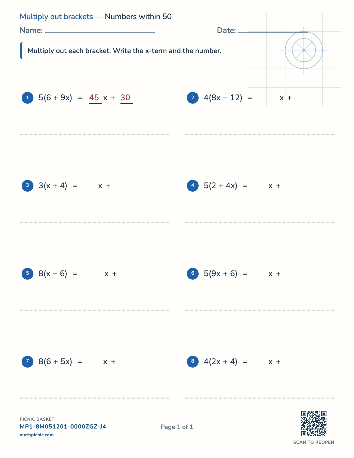 Distributive property worksheet — One bracket, two terms, free printable with answer key