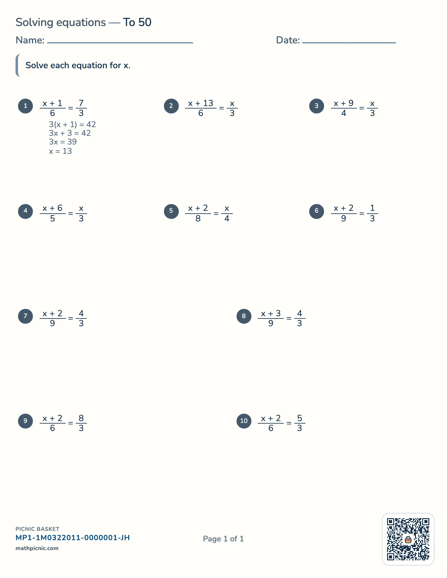 Equations with fractions worksheet — Whole-number solutions, free printable with answer key