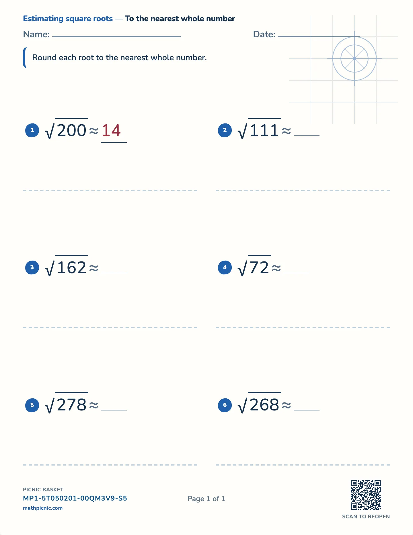 Estimating square roots worksheet — Roots to √200, free printable with answer key