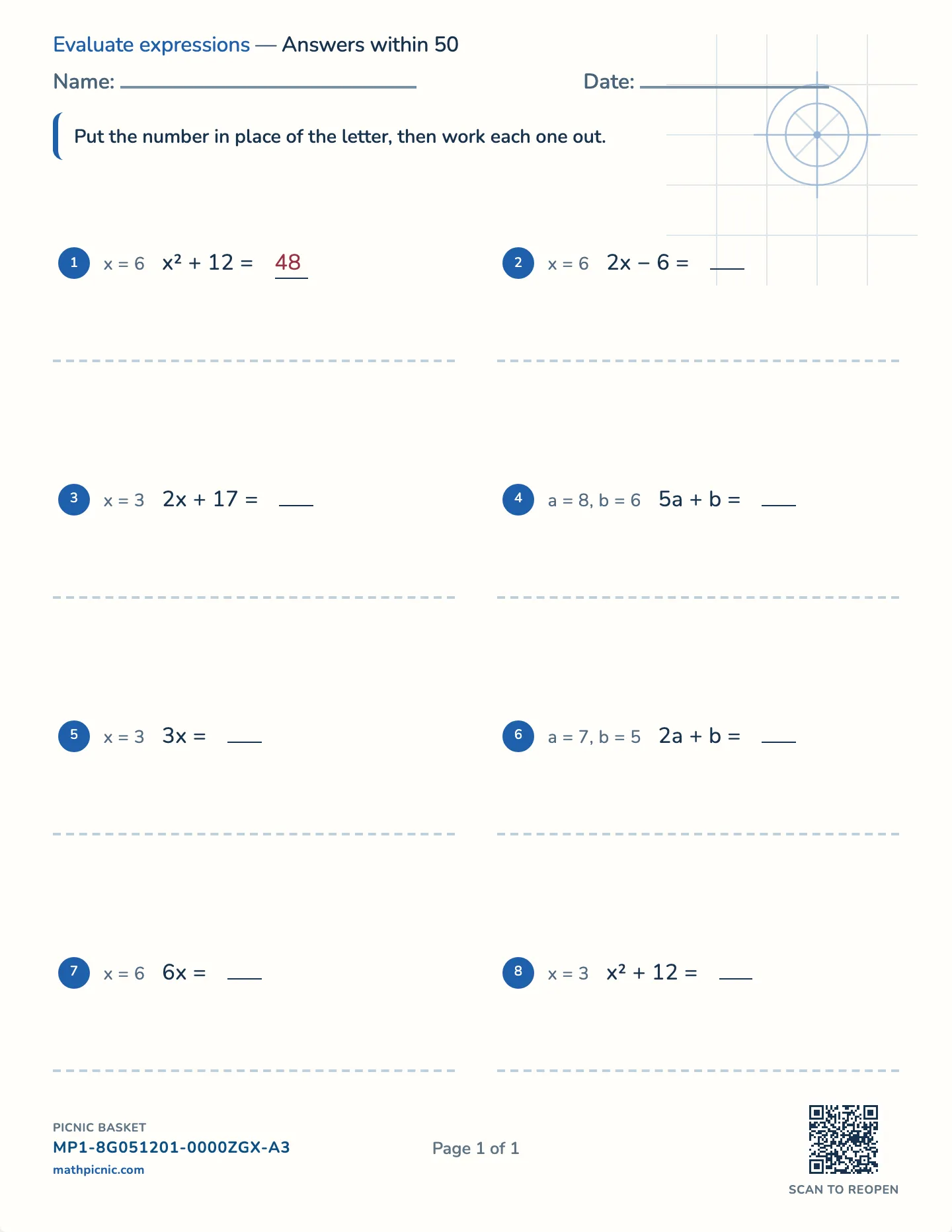 Evaluating expressions worksheet — One variable, values to 50, free printable with answer key