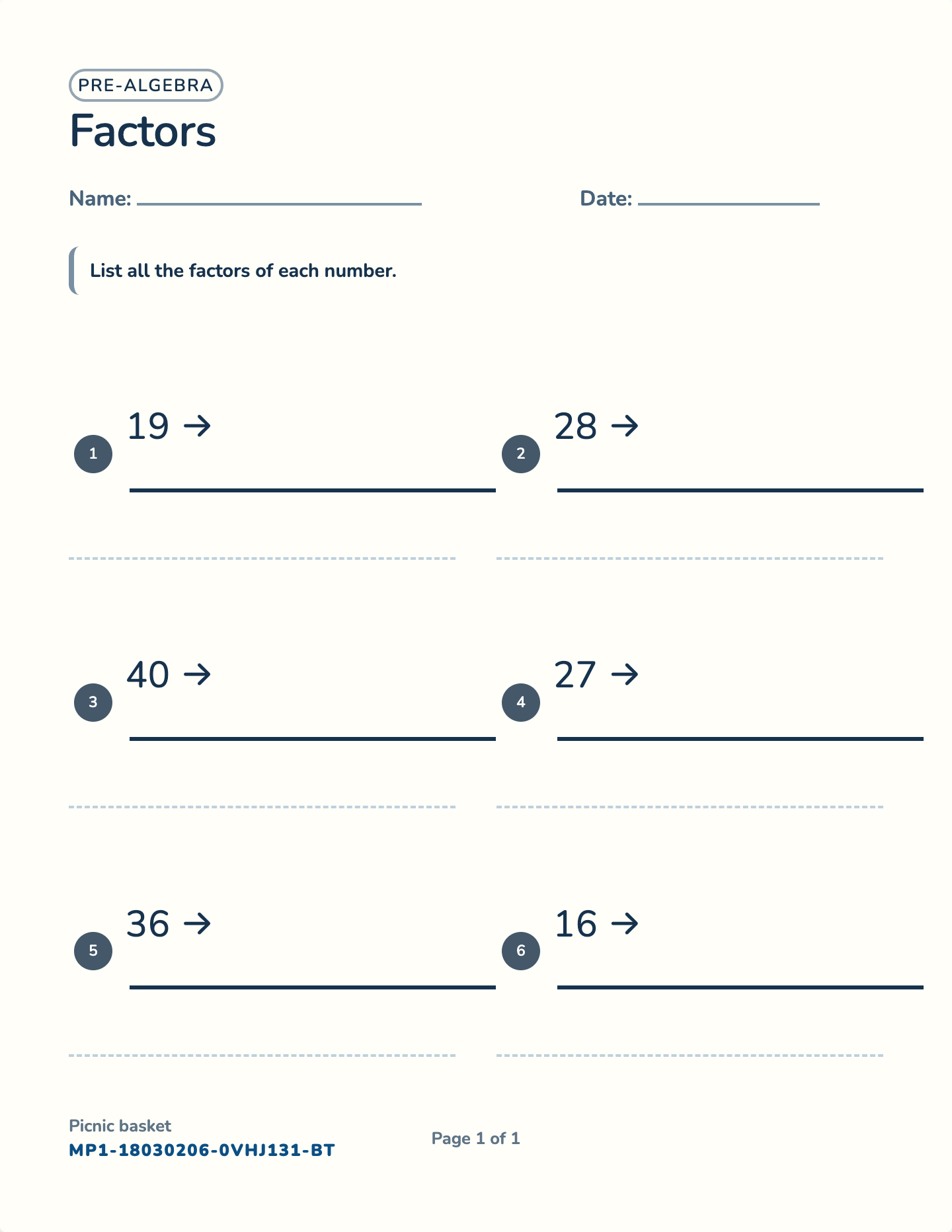 List the factors worksheet — Numbers to 100, free printable with answer key