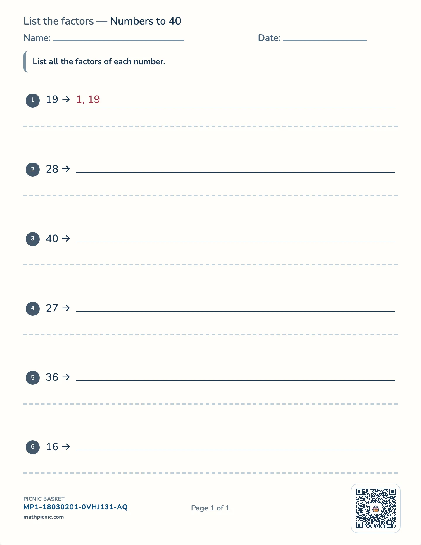 List the factors worksheet — Numbers to 80, free printable with answer key