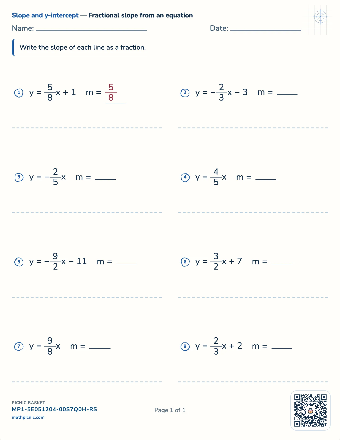 Fractional slope from an equation worksheet — Fractional m, y = mx + b, free printable with answer key