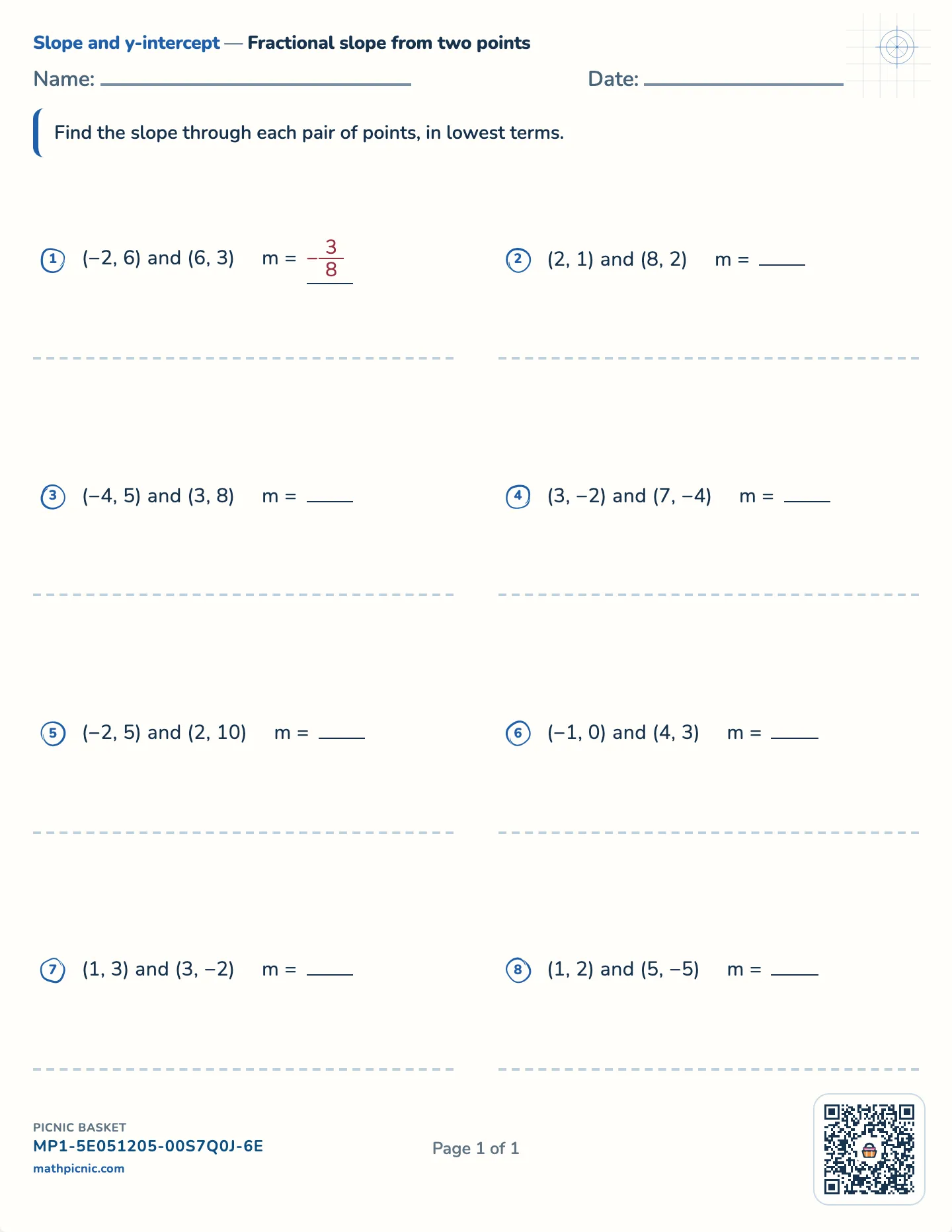 Fractional slope from two points worksheet — Slopes that do not come out whole, free printable with answer key