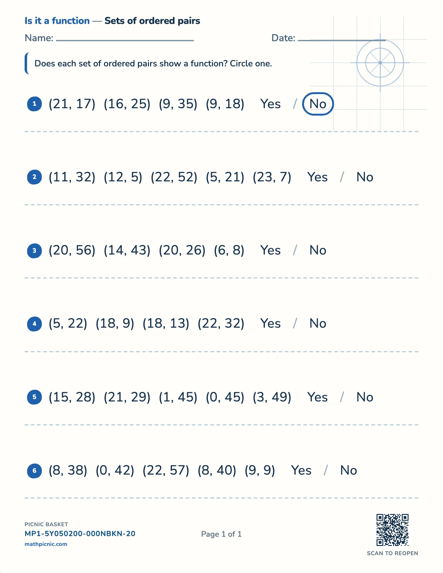 Function from ordered pairs worksheet — Sets of ordered pairs, free printable with answer key