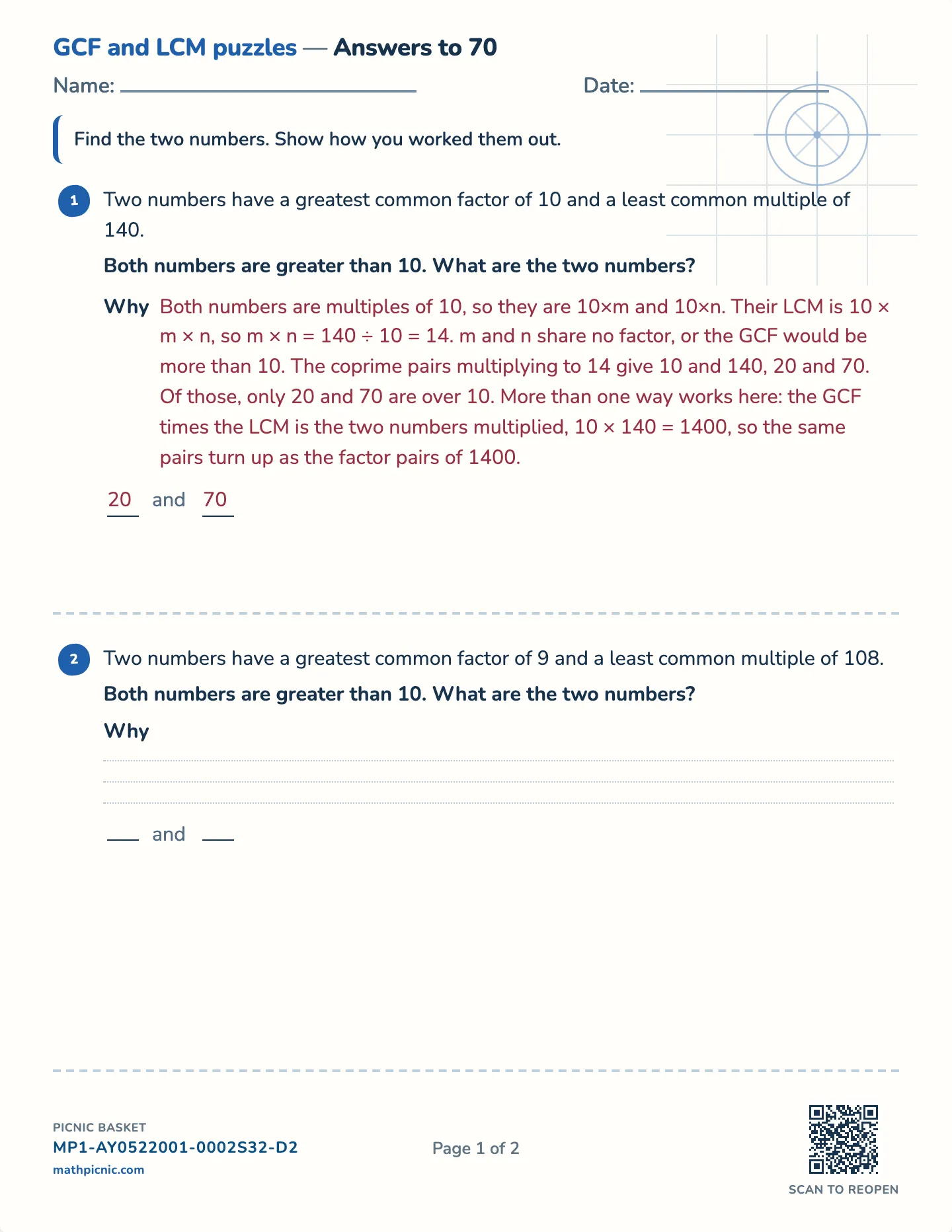 GCF & LCM puzzles worksheet — Challenge · answers to 40, 70 or 100, free printable with answer key