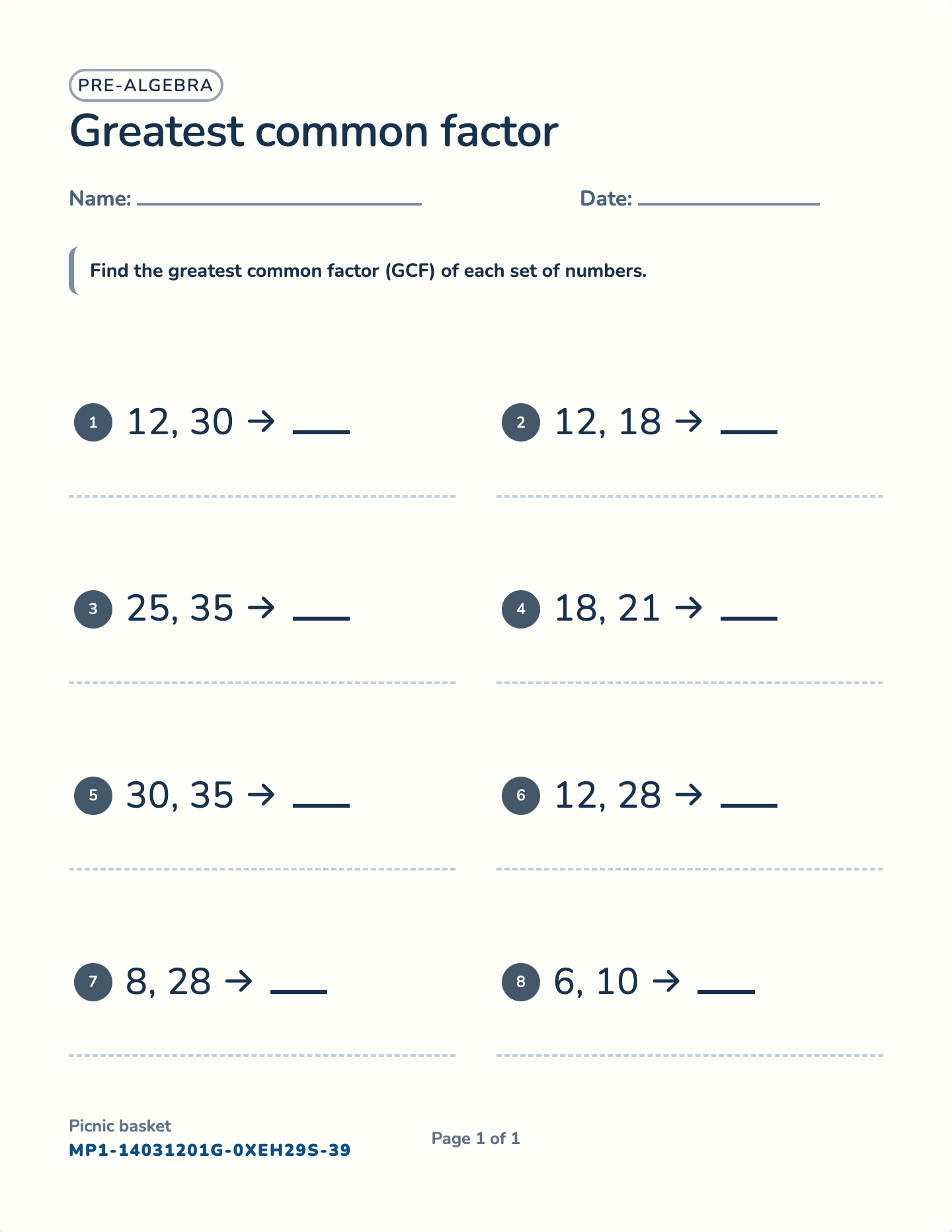 Greatest common factor worksheet — 2 or 3 numbers, free printable with answer key