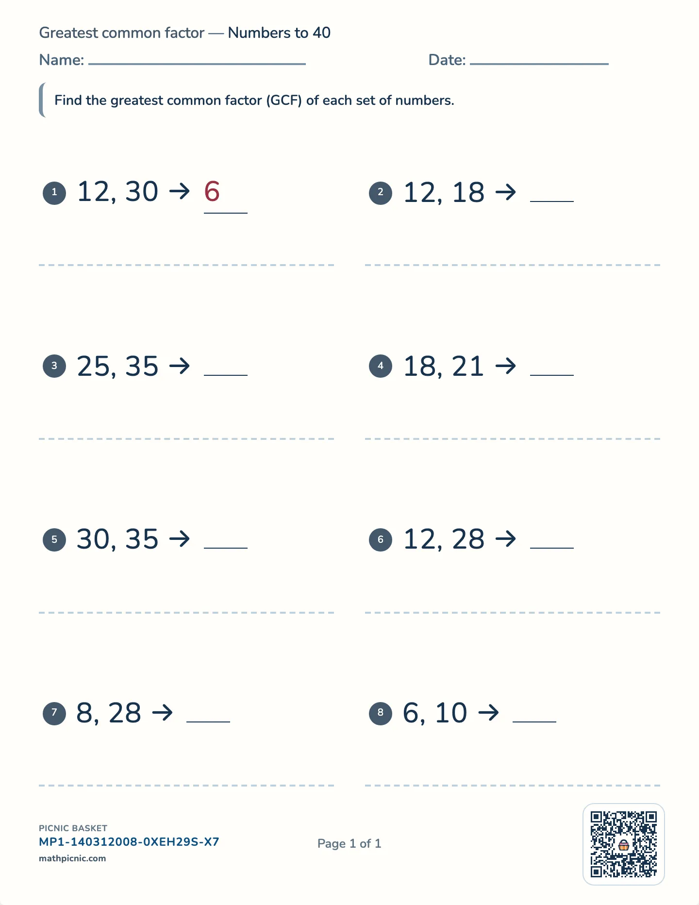 Greatest common factor worksheet — 2 or 3 numbers, free printable with answer key