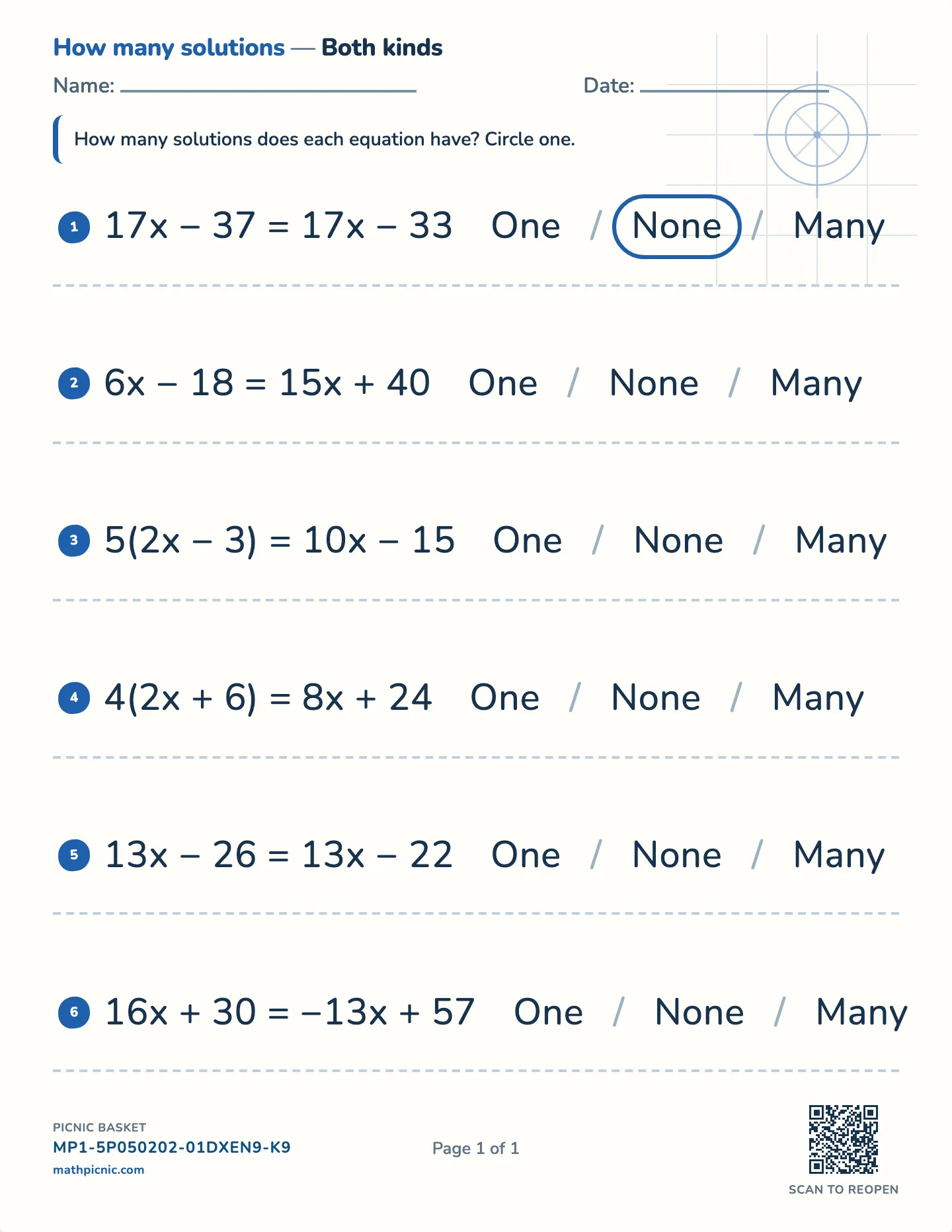 How many solutions? worksheet — One, none, or infinitely many, free printable with answer key