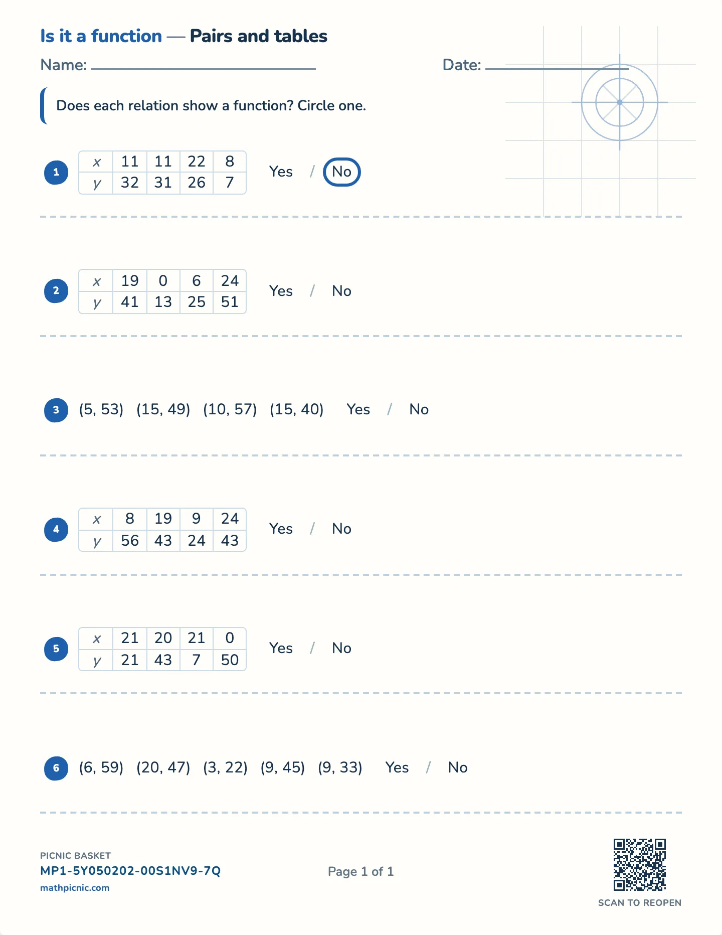 Is it a function? worksheet — Ordered pairs and tables, free printable with answer key
