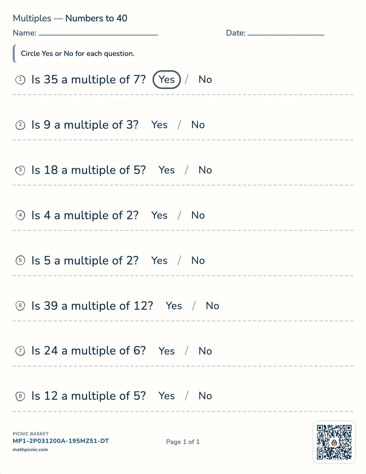 Is it a multiple? worksheet — Numbers to 40, free printable with answer key