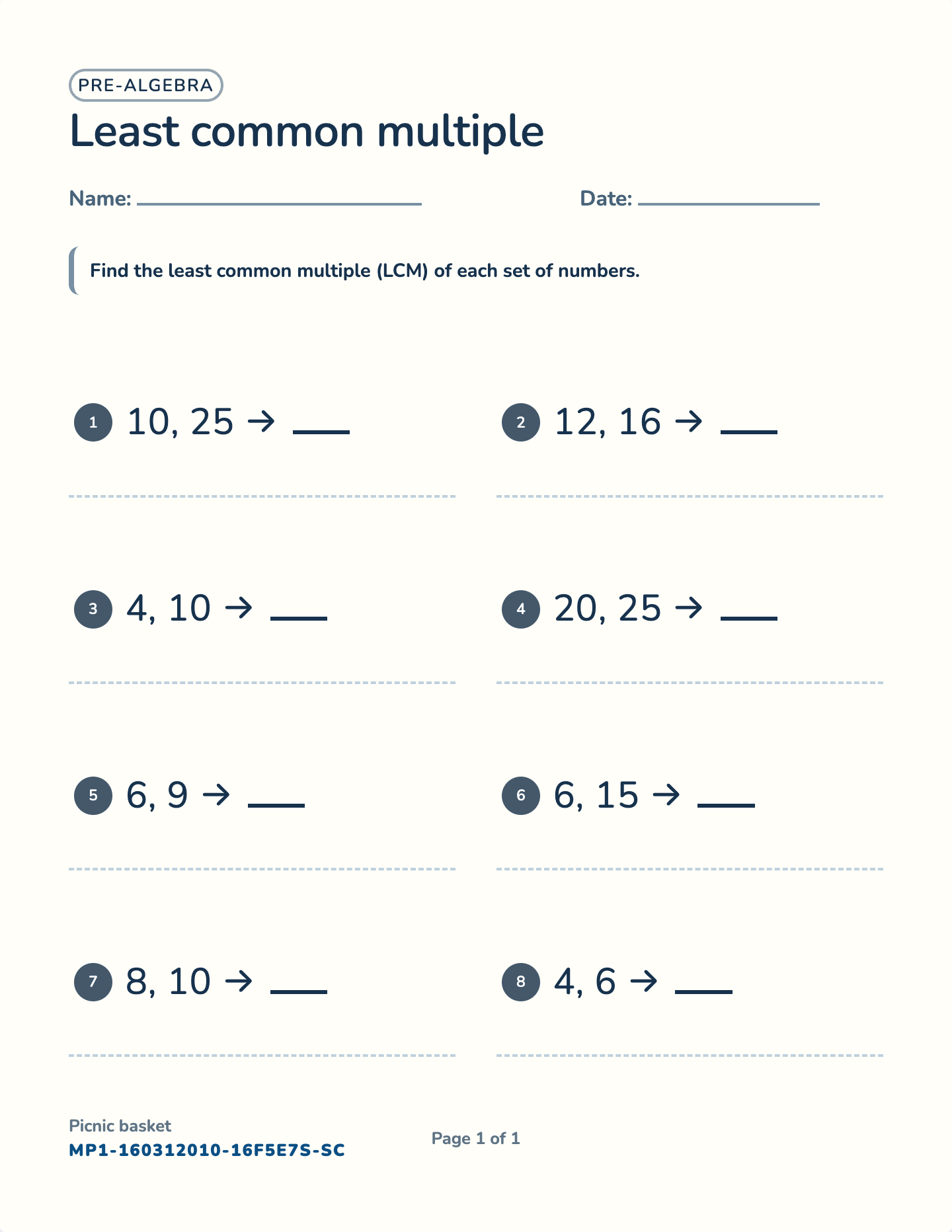 Least common multiple worksheet — 2 or 3 numbers, free printable with answer key