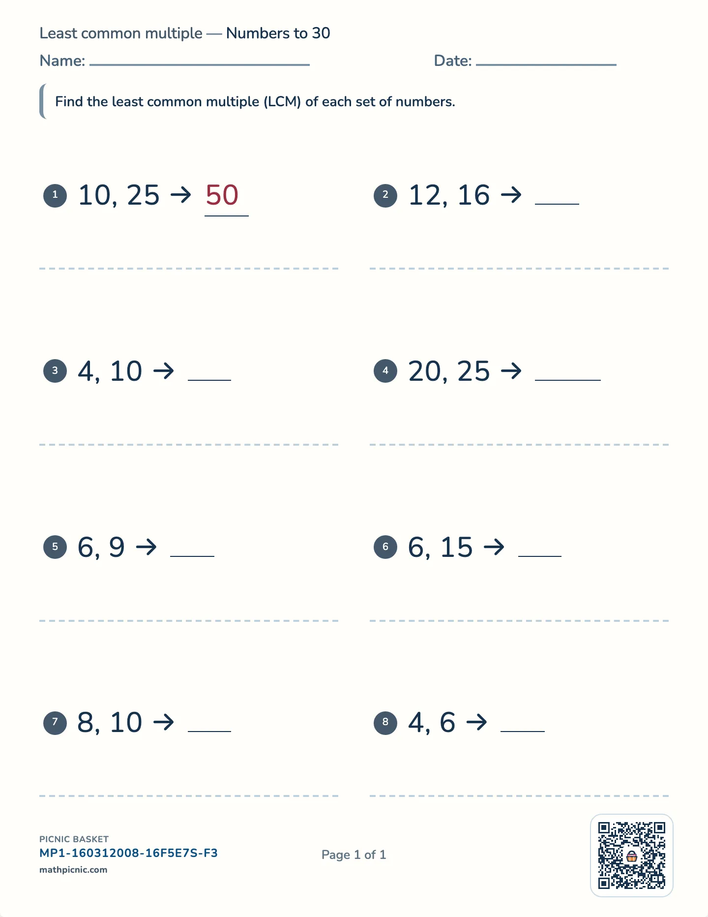 Least common multiple worksheet — 2 or 3 numbers, free printable with answer key