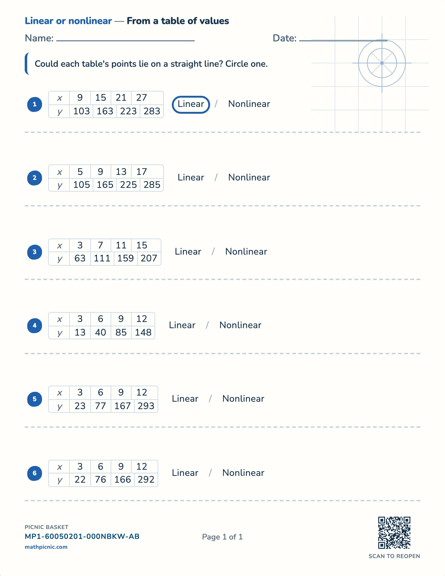 Linear from a table worksheet — From a table, free printable with answer key