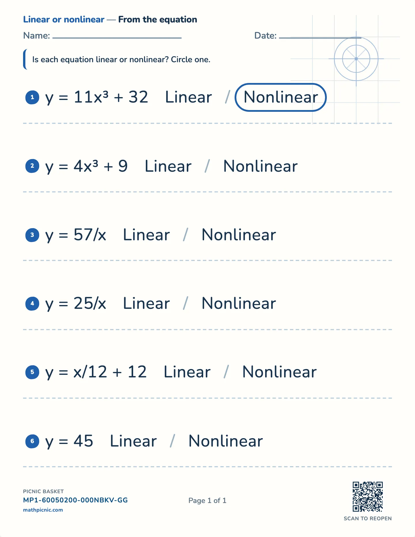 Linear from an equation worksheet — From the equation, free printable with answer key