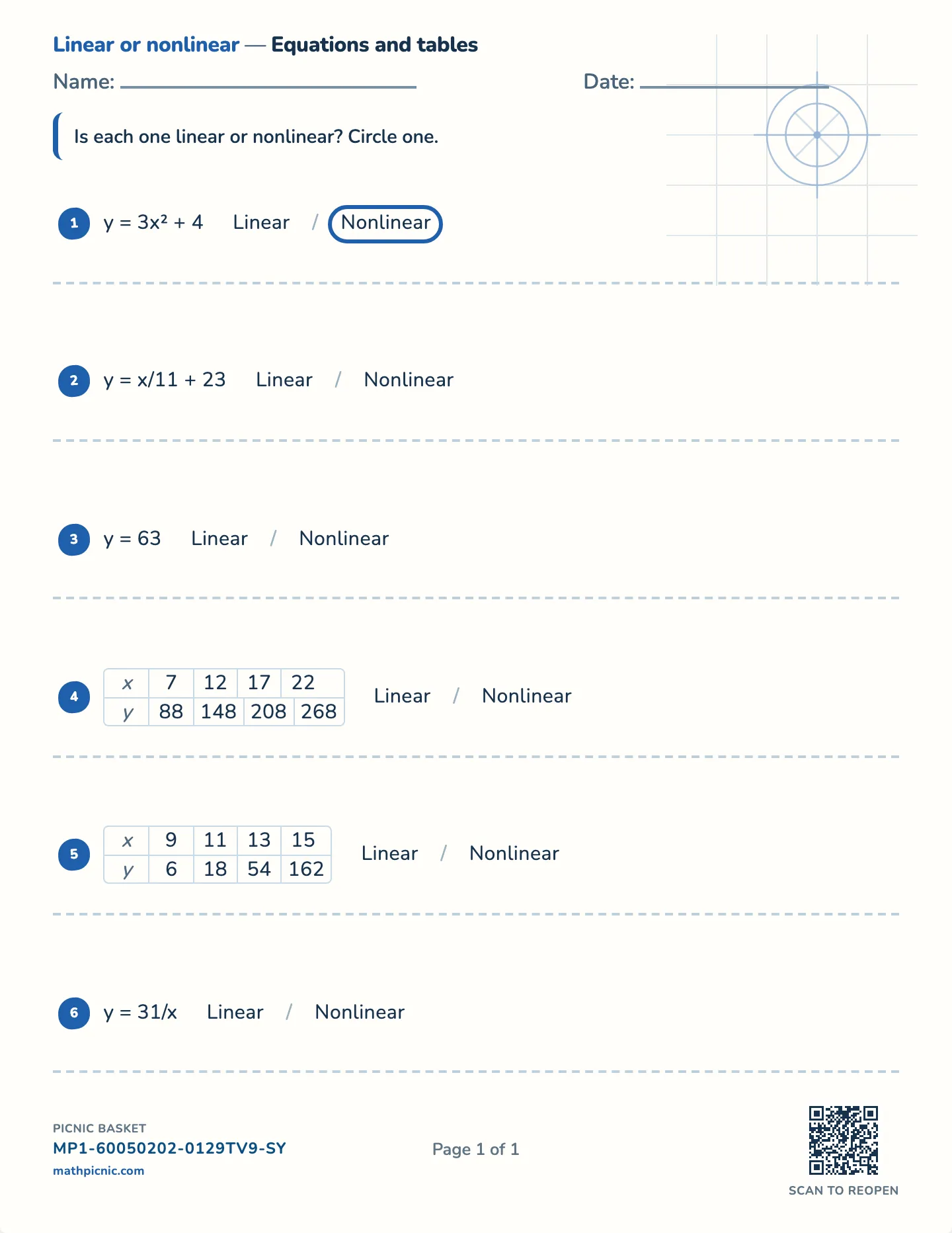 Linear or nonlinear worksheet — Equations and tables, free printable with answer key