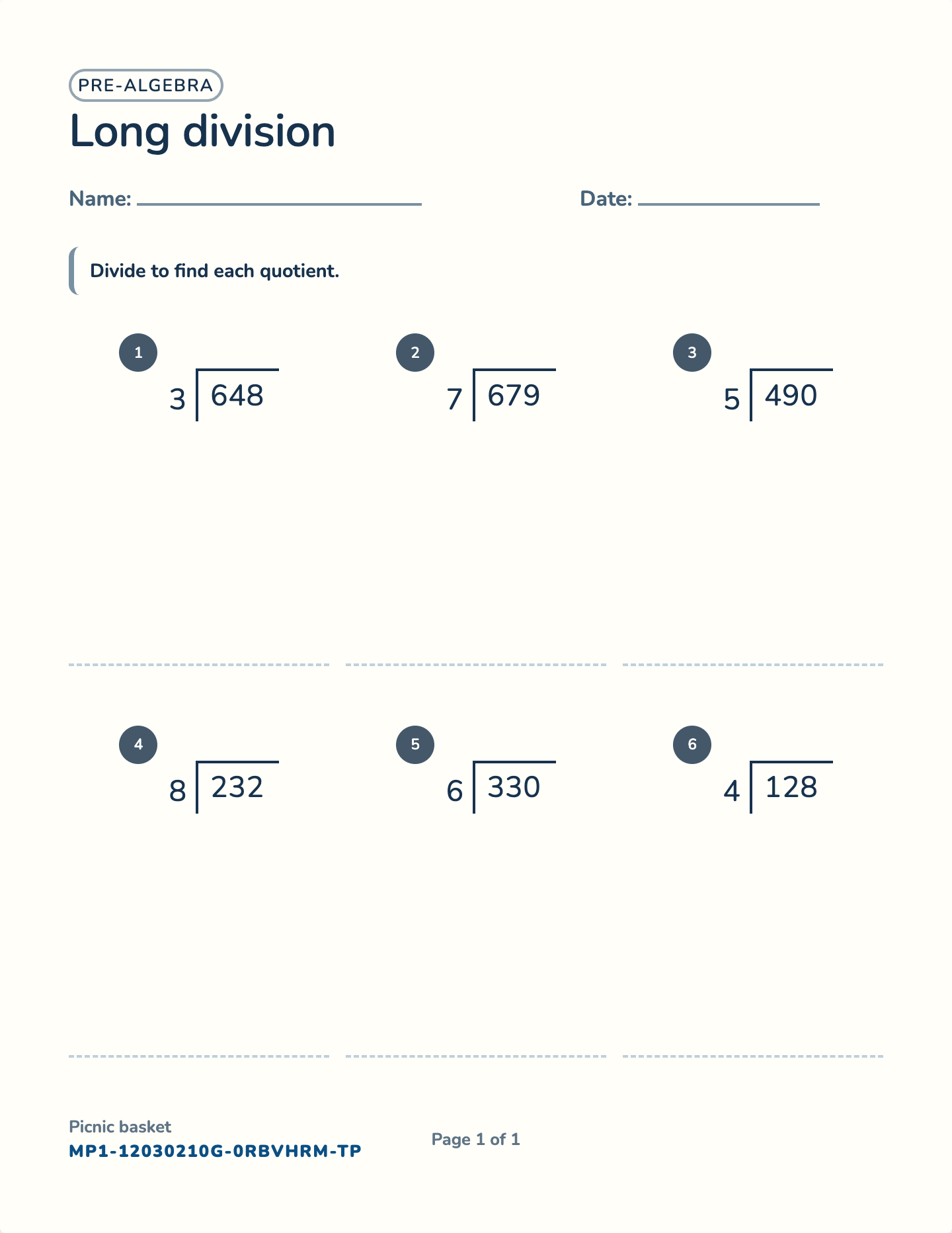 Long division worksheet — Dividend ÷ 1–2 digit, free printable with answer key