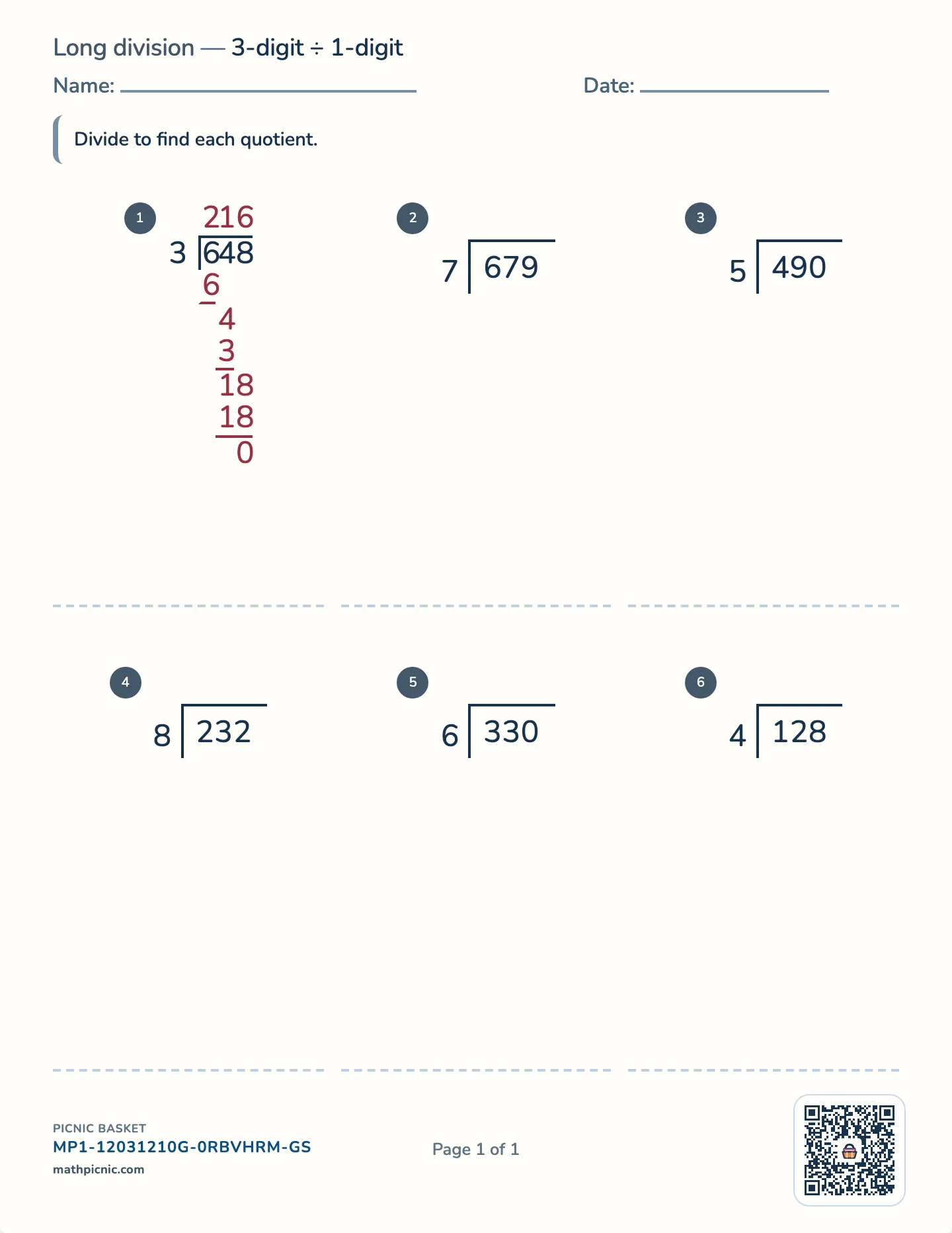 Long division worksheet — Dividend ÷ 1–2 digit, free printable with answer key