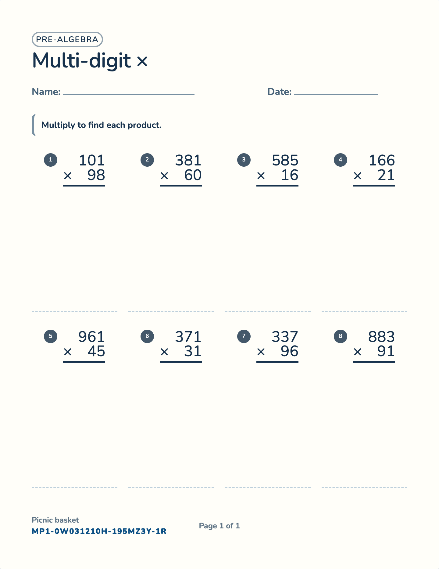 Multi-digit multiplication worksheet — Up to 4-digit × 3-digit, free printable with answer key