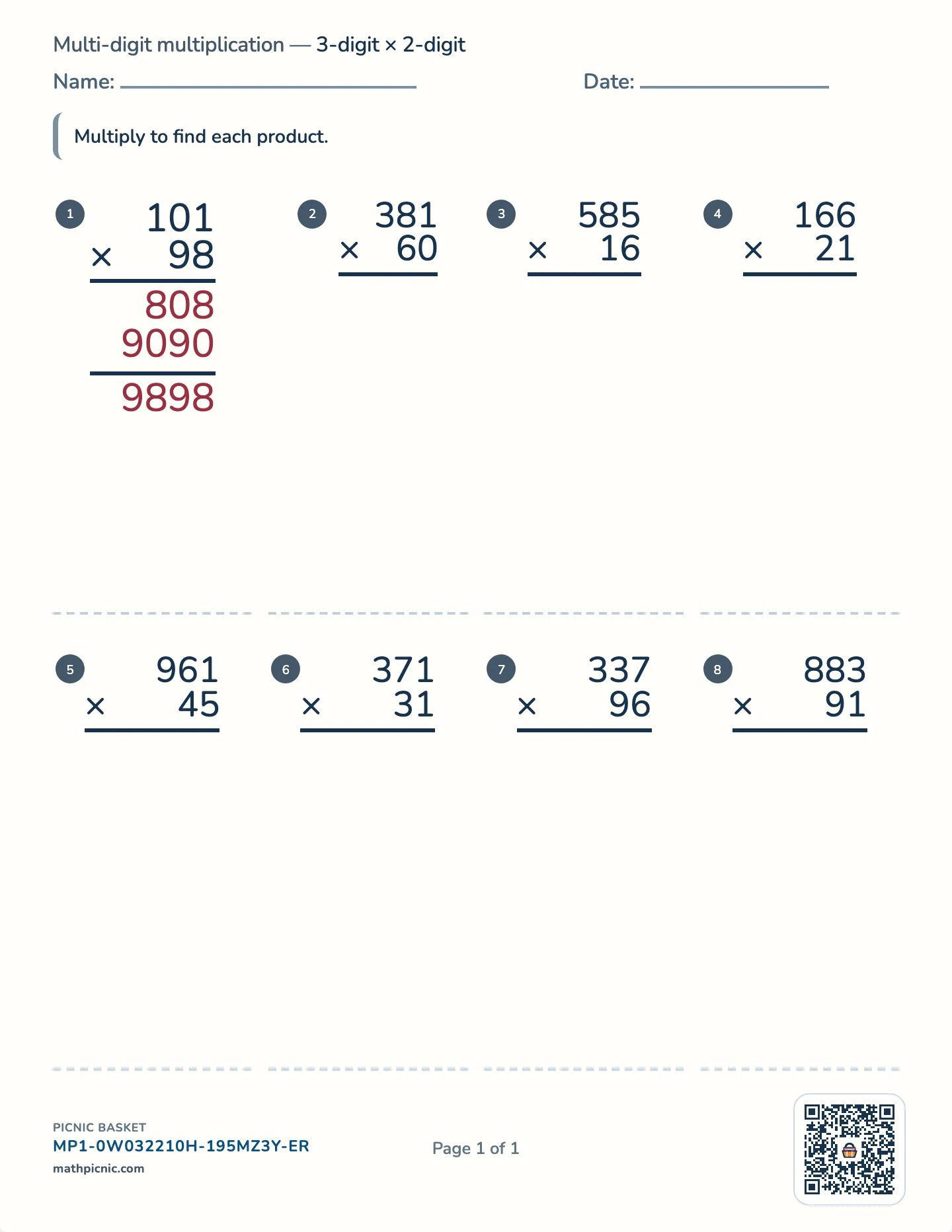 Multi-digit multiplication worksheet — free printable with answer key