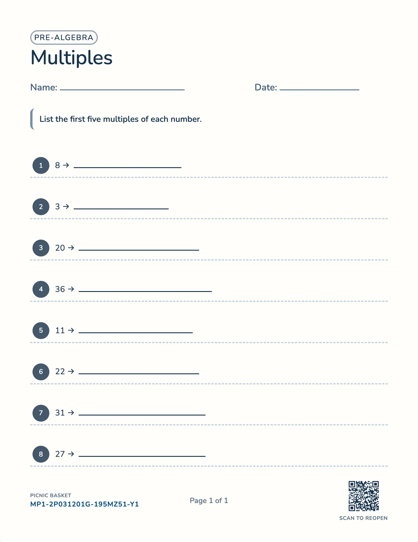 Multiples worksheet — Numbers to 100, free printable with answer key