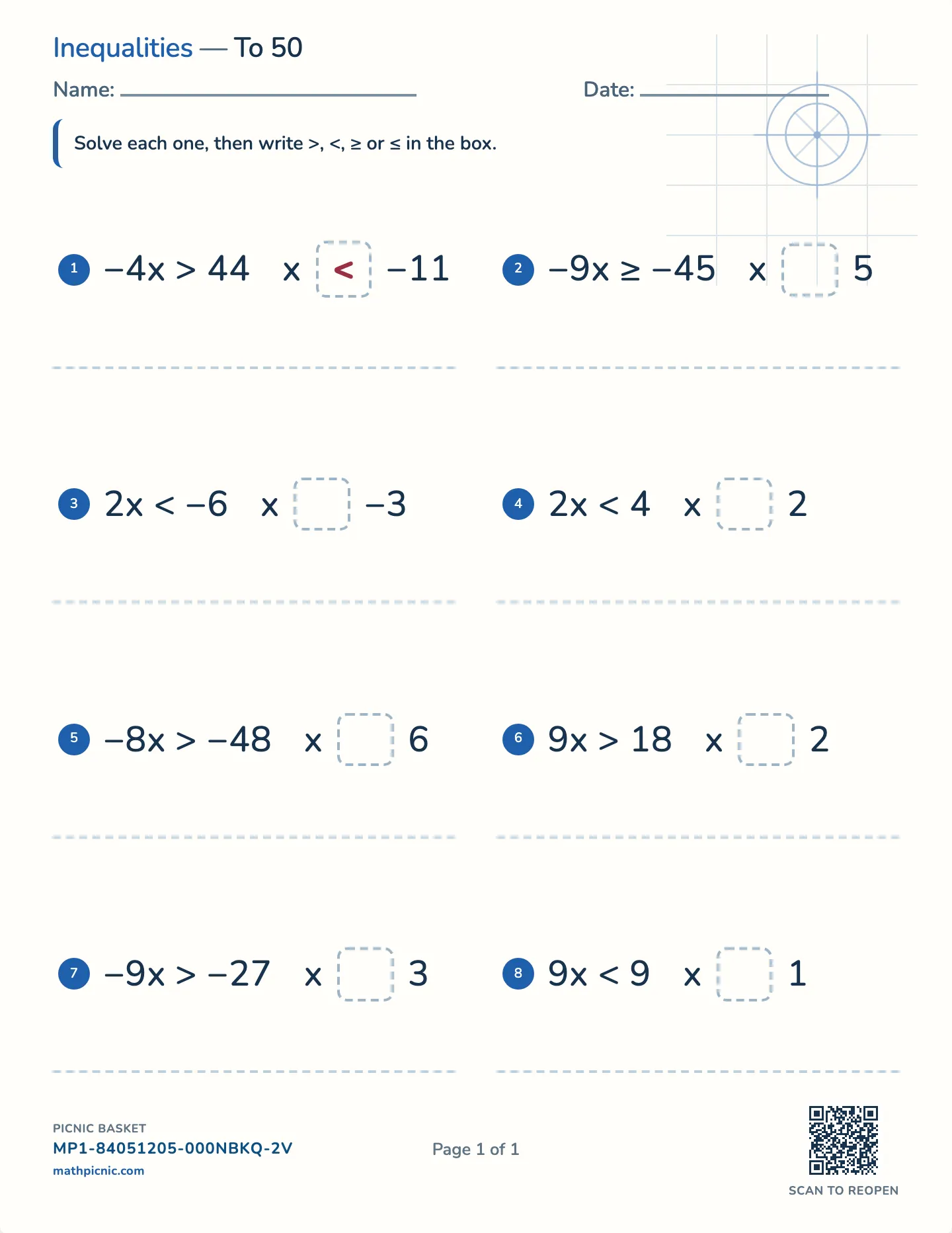 Multiplication and division inequalities worksheet — One step, sign included, free printable with answer key