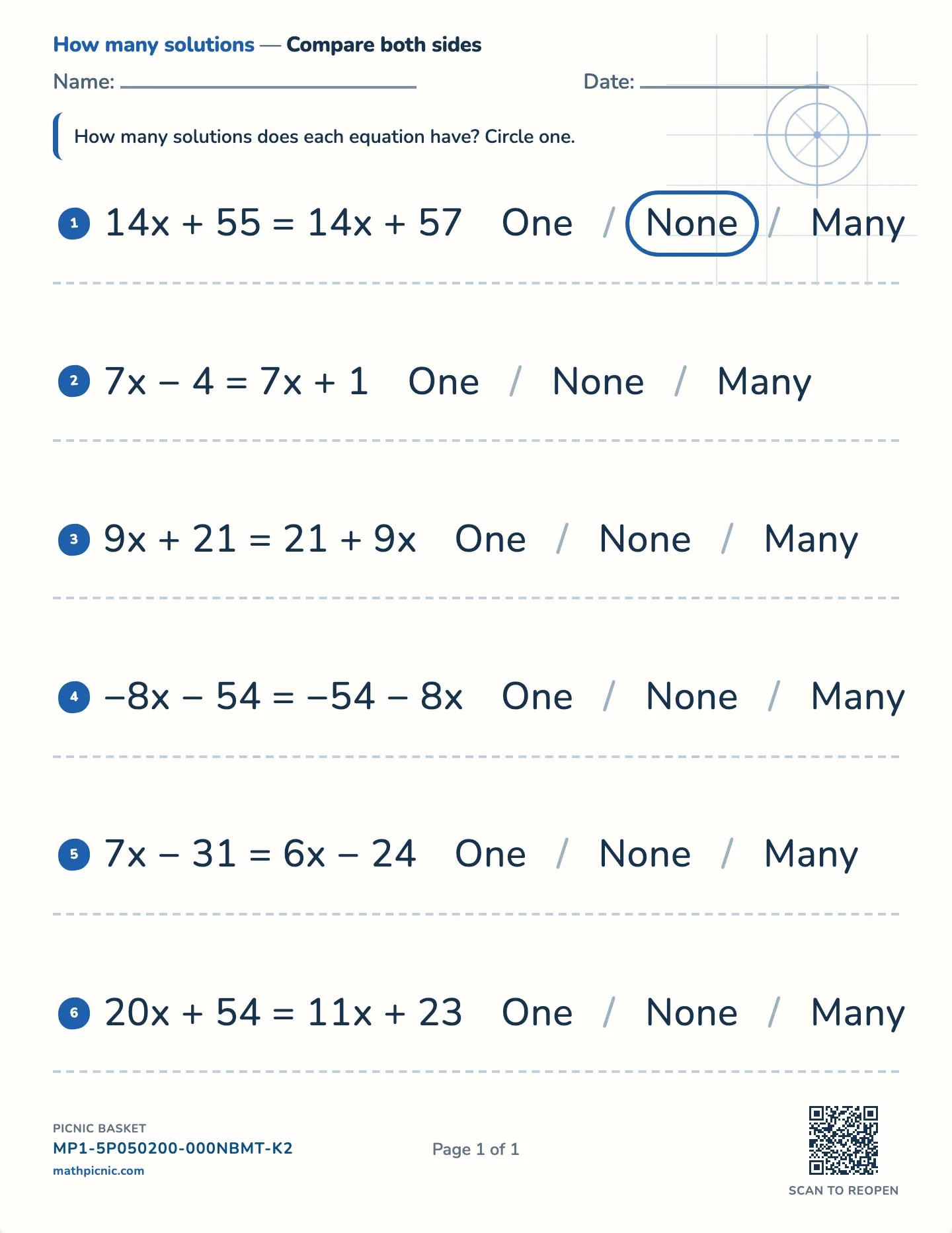Number of solutions worksheet — One, none, or infinitely many, free printable with answer key