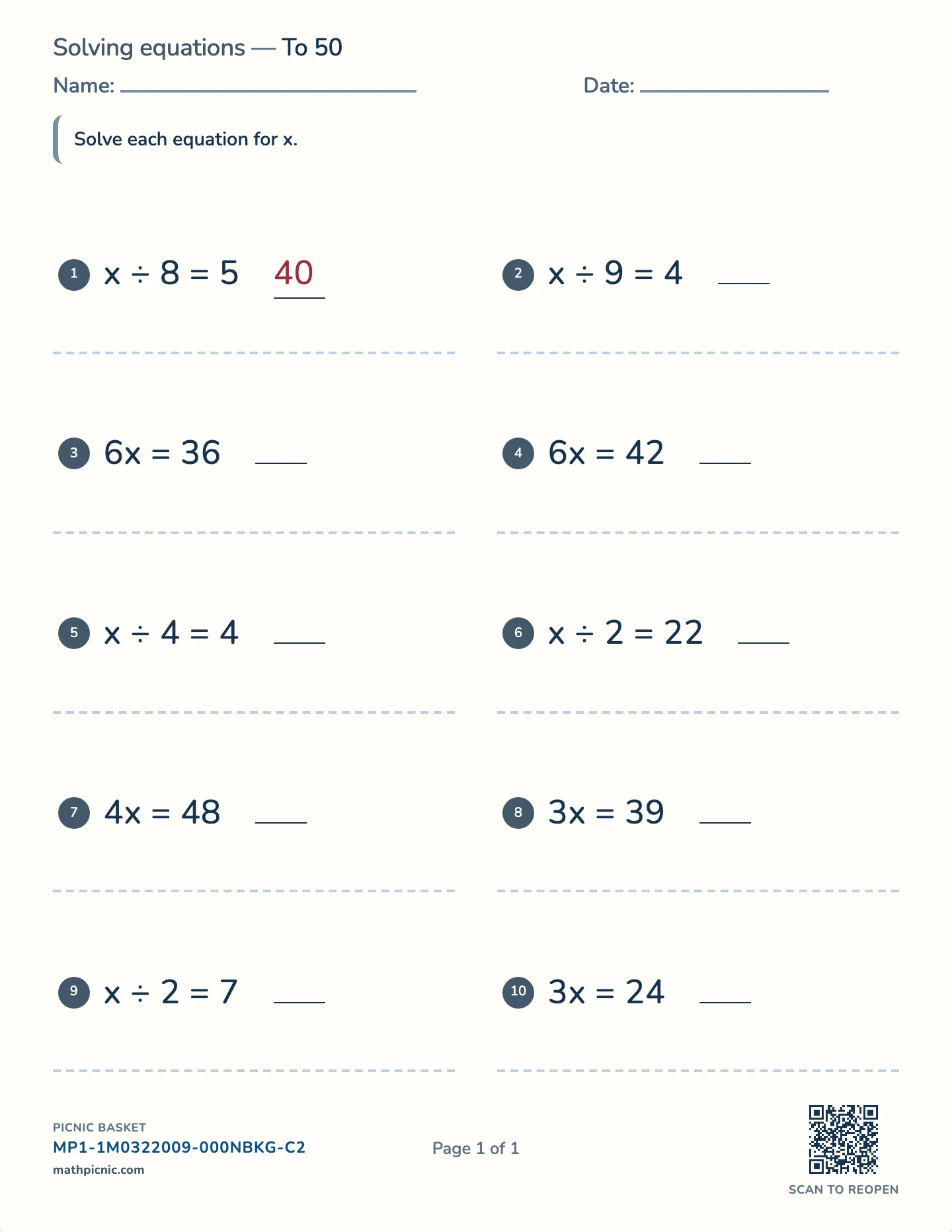 One-step multiplication and division equations worksheet — Whole-number solutions, free printable with answer key