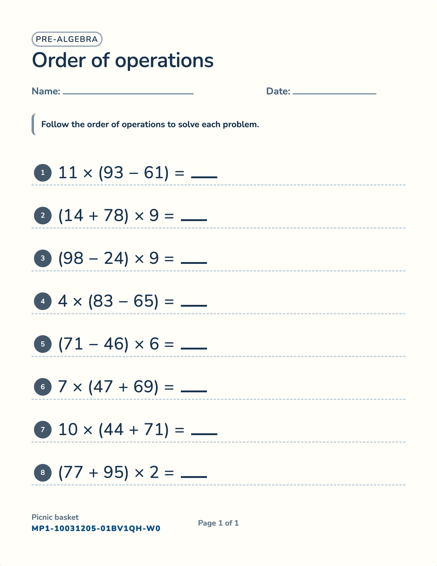 Order of operations worksheet — 3–4 terms · ( ), free printable with answer key