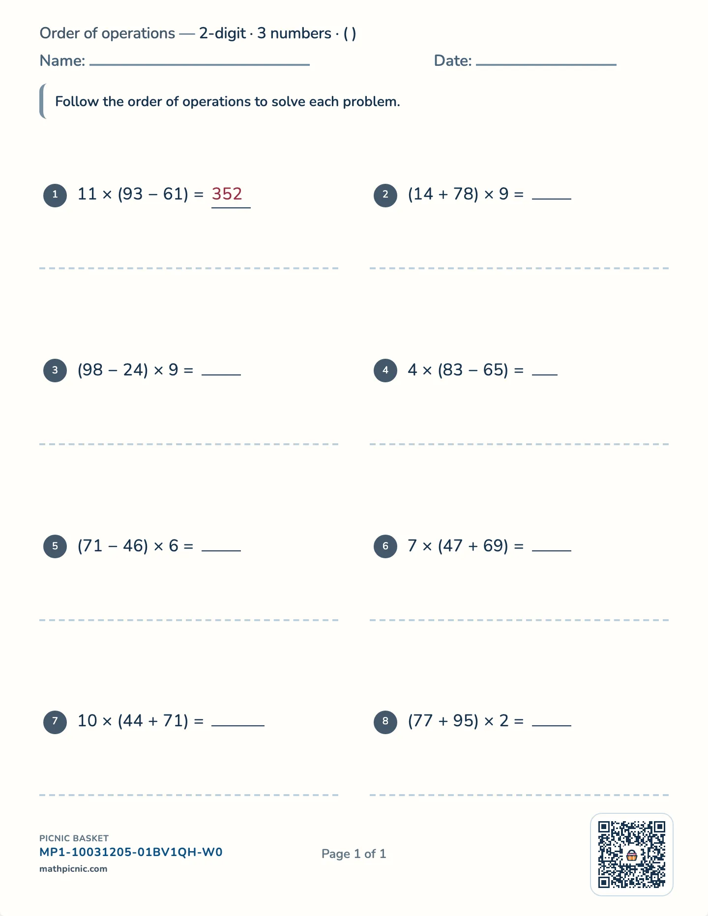 Order of operations worksheet — 3–4 terms · ( ), free printable with answer key
