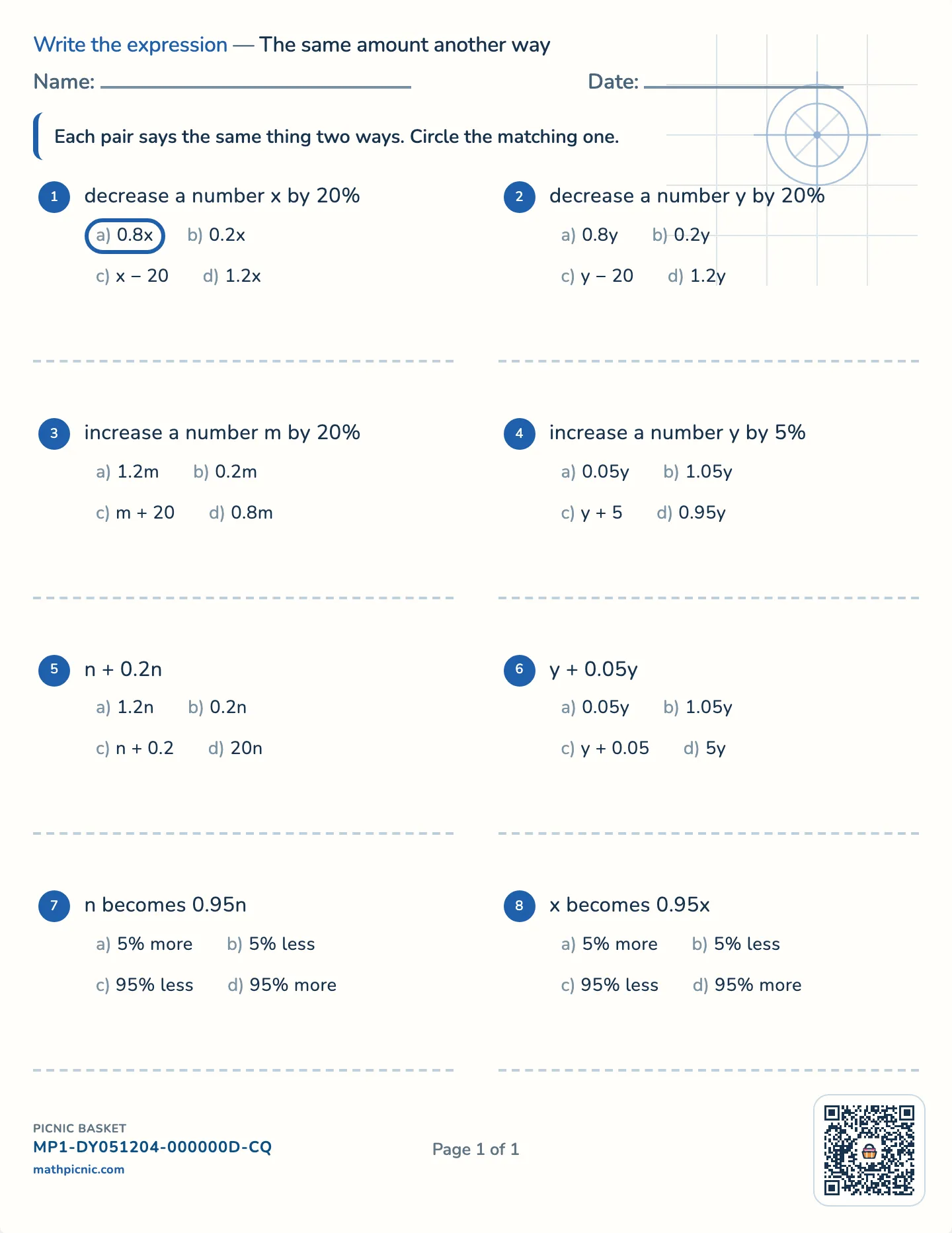 Percent change as one multiplier worksheet — 5, 10, 20, 25 and 50 percent, free printable with answer key