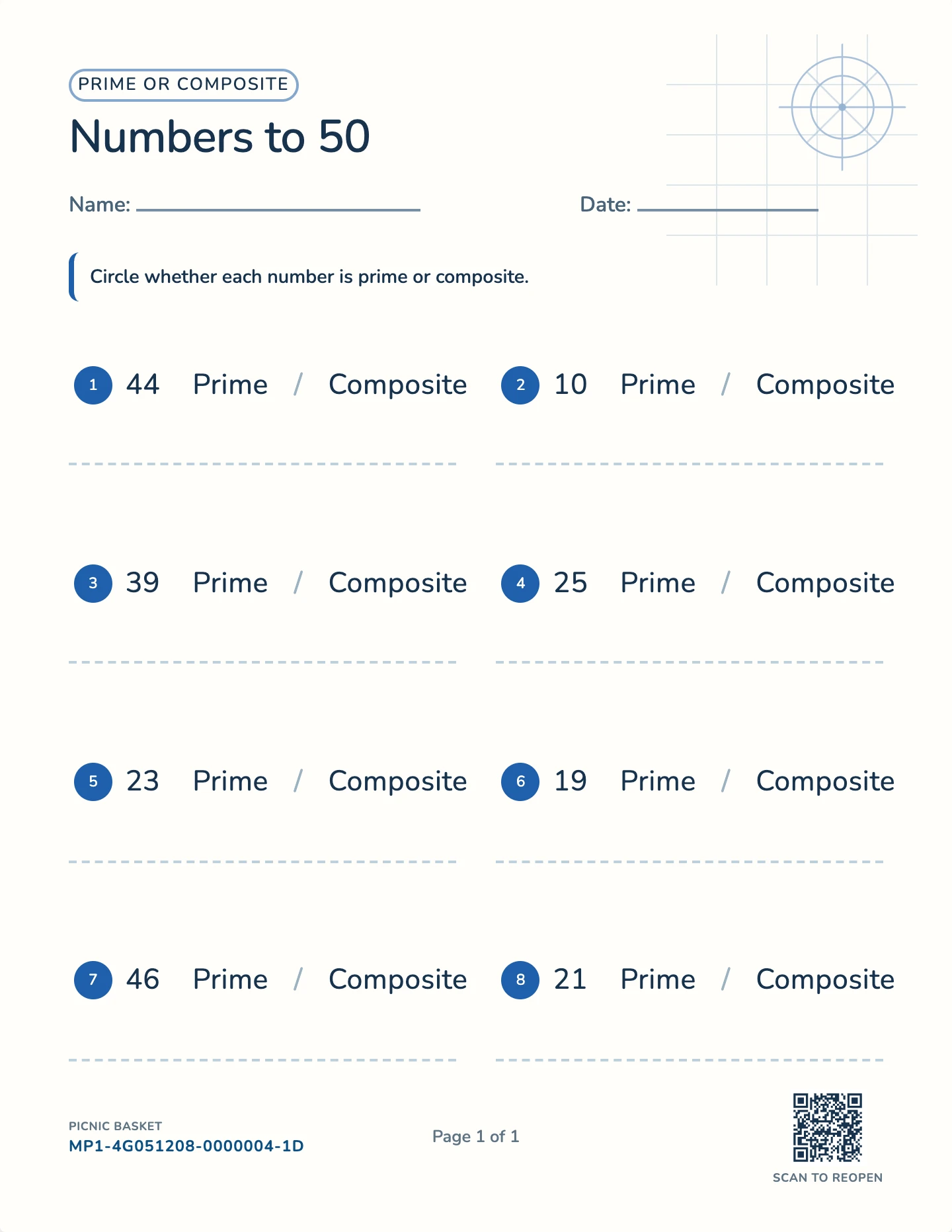 Prime or composite worksheet — Numbers to 30, 50, or 100, free printable with answer key