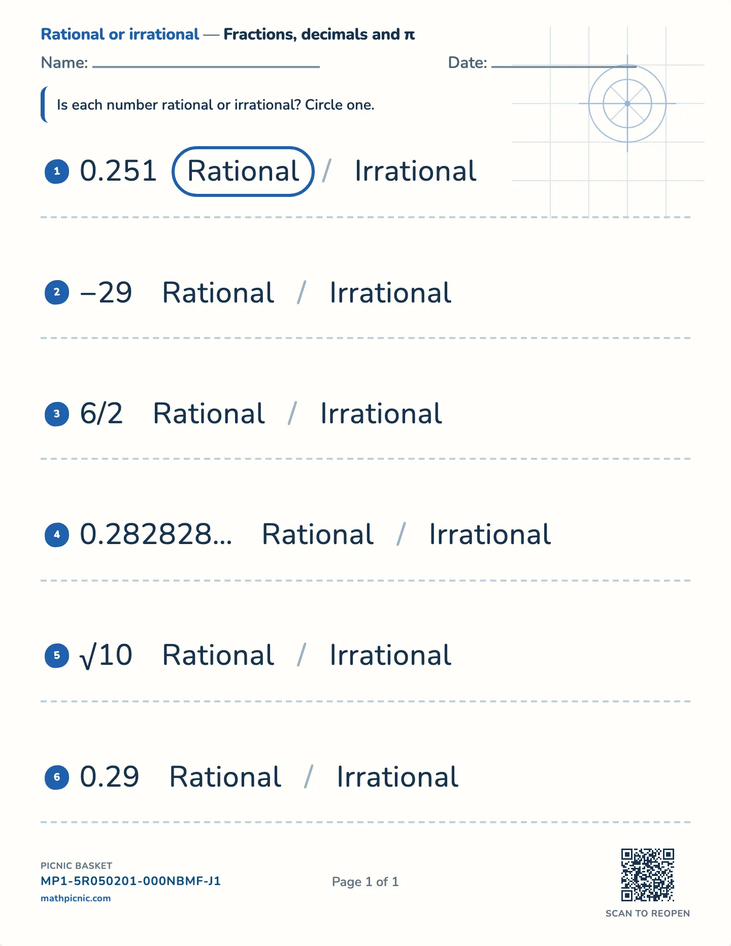 Rational or irrational numbers worksheet — Fractions, decimals, π, free printable with answer key