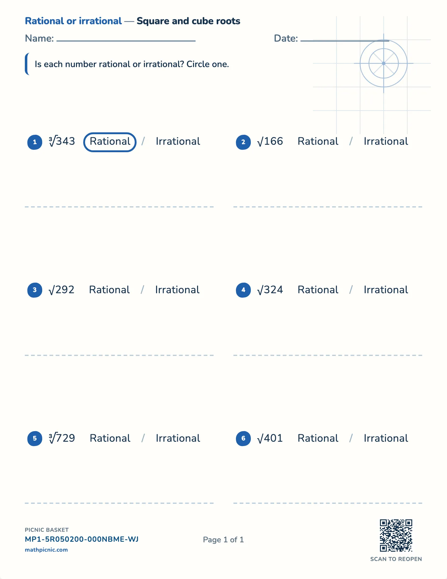 Rational or irrational roots worksheet — Perfect squares and neighbors, free printable with answer key